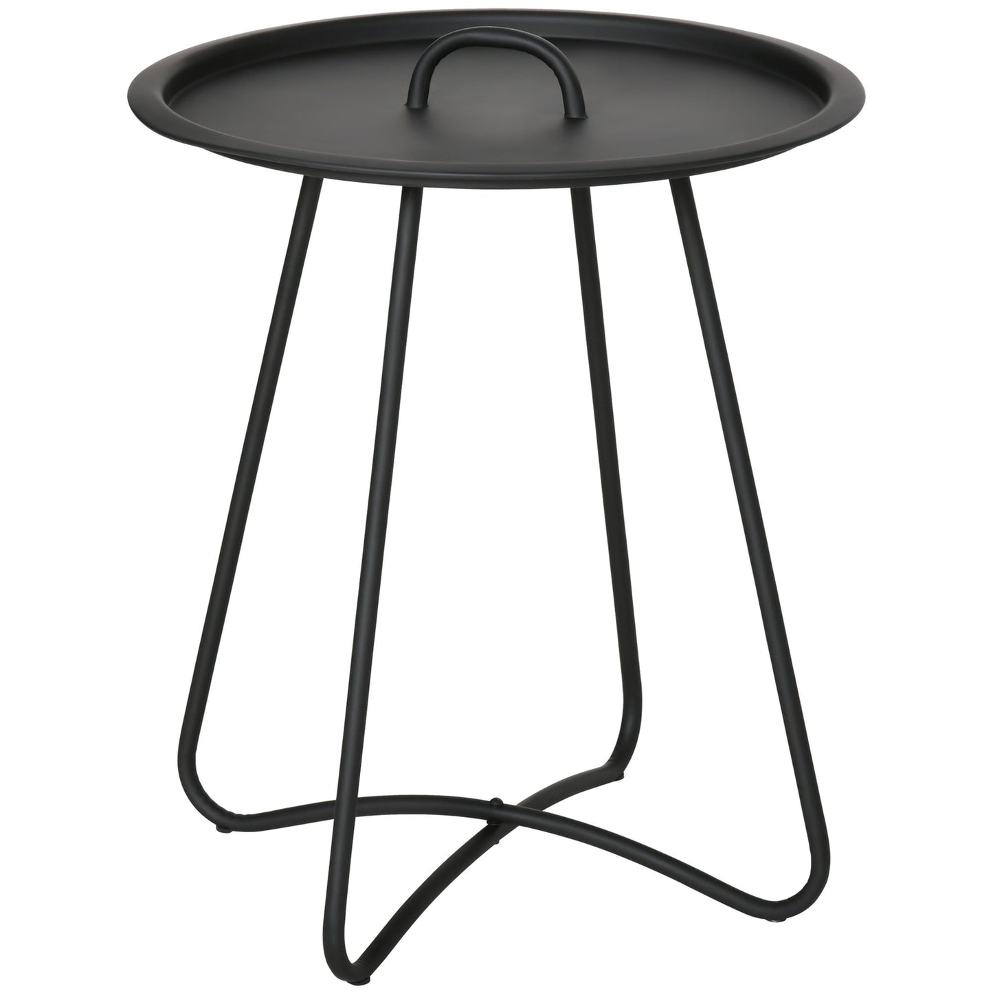 Round black metal side table with carrying handle