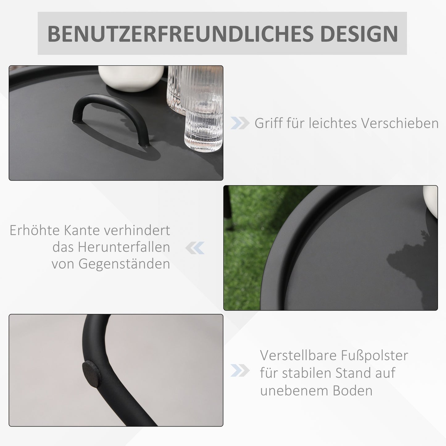 Round black metal side table with carrying handle