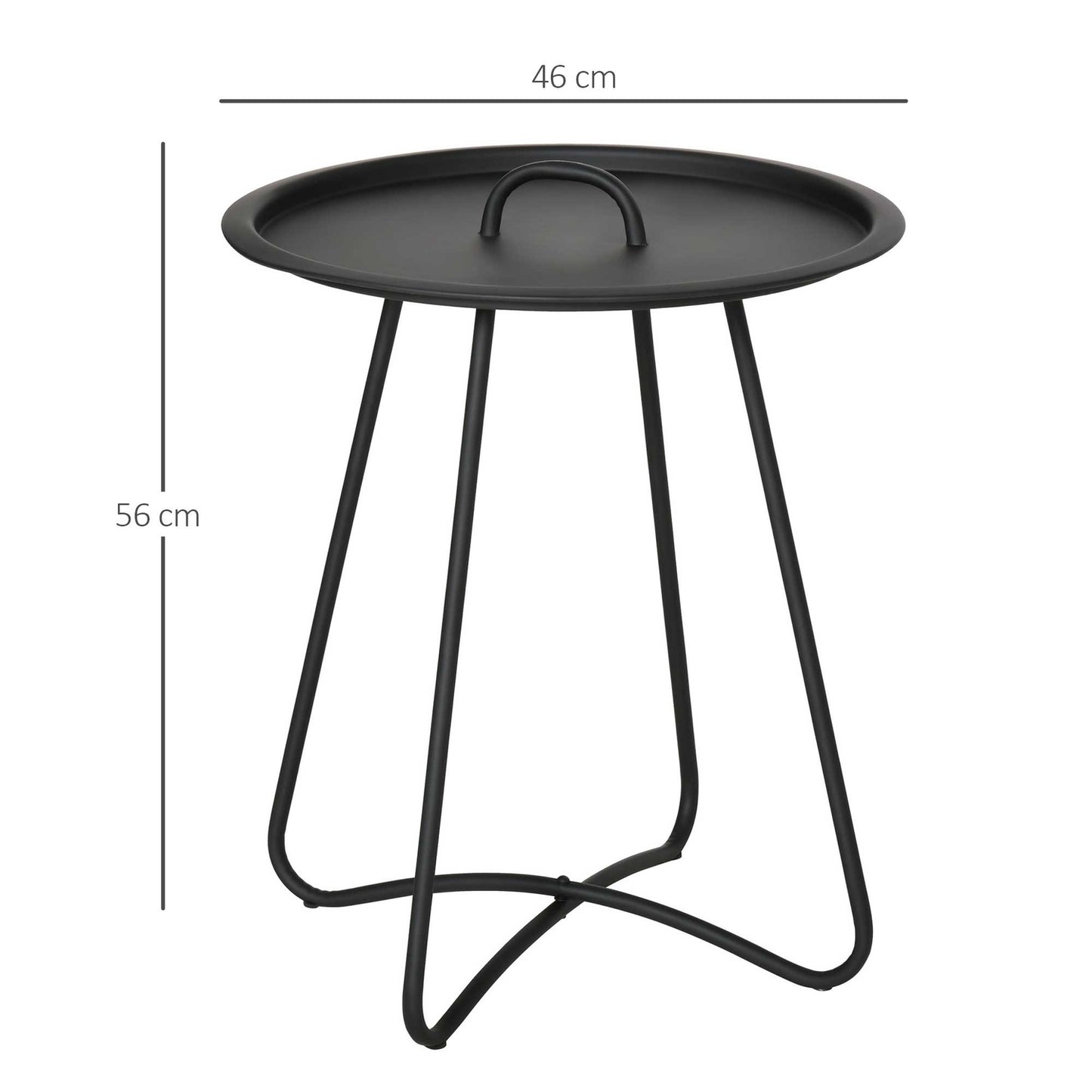 Round black metal side table with carrying handle