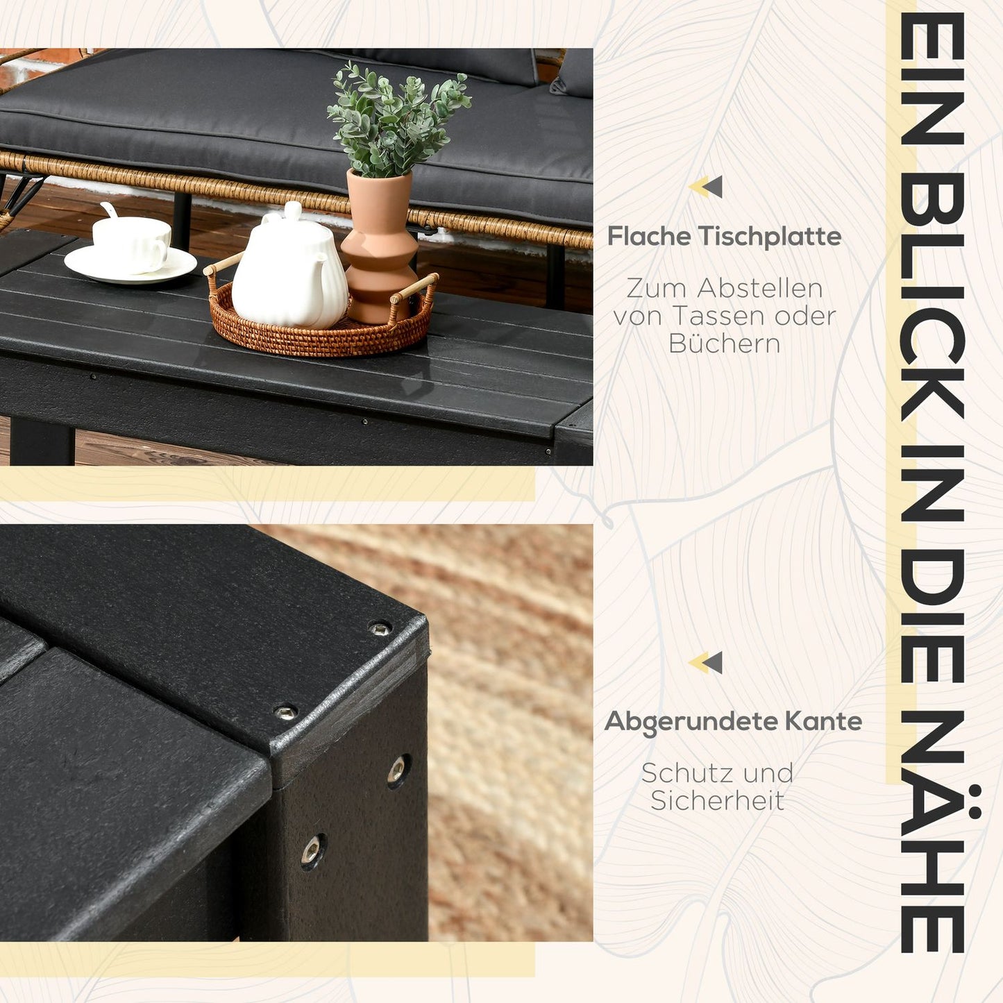 Rectangular outdoor side table, wood look HDPE, black 95x42x40Cm