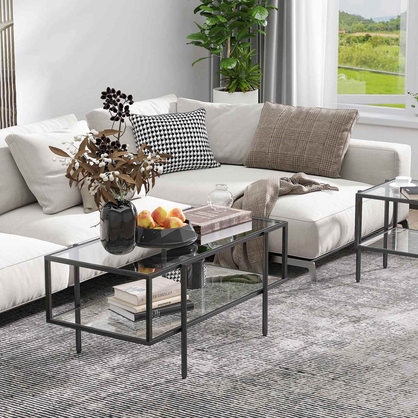 Glass coffee table, 3 shelves, Steel frame, Black