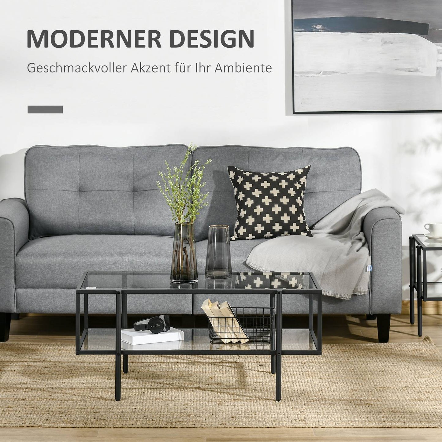 Glass coffee table, 3 shelves, Steel frame, Black