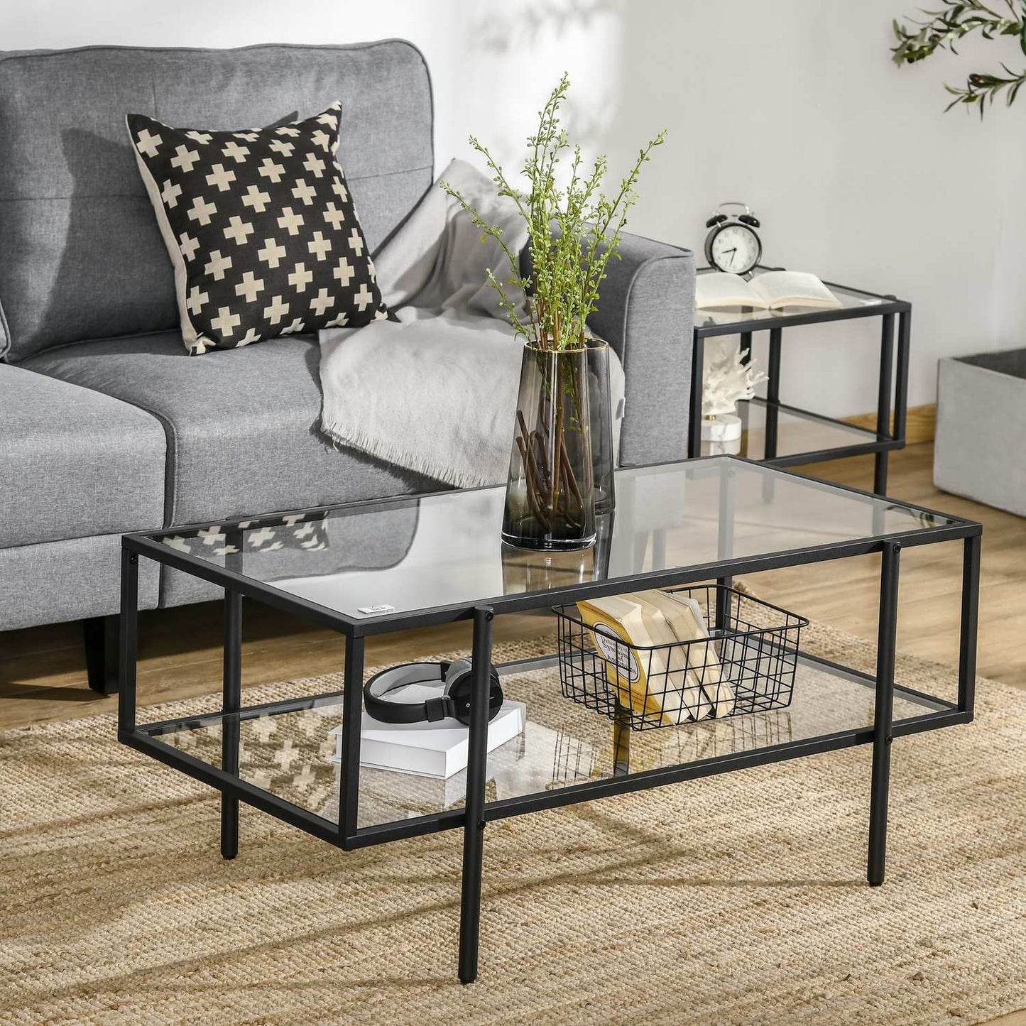 Glass coffee table, 3 shelves, Steel frame, Black