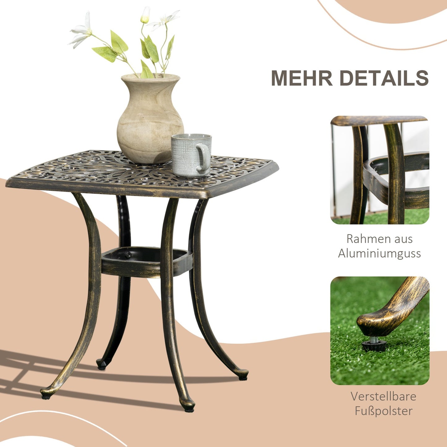 Patio side table with umbrella hole, aluminium, bronze