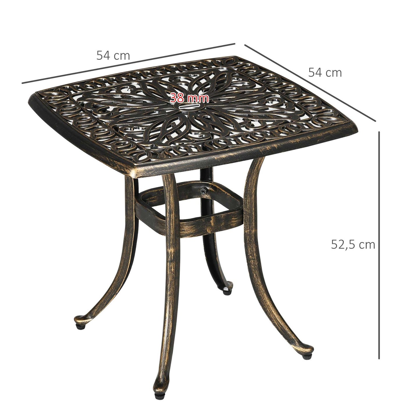 Patio side table with umbrella hole, aluminium, bronze