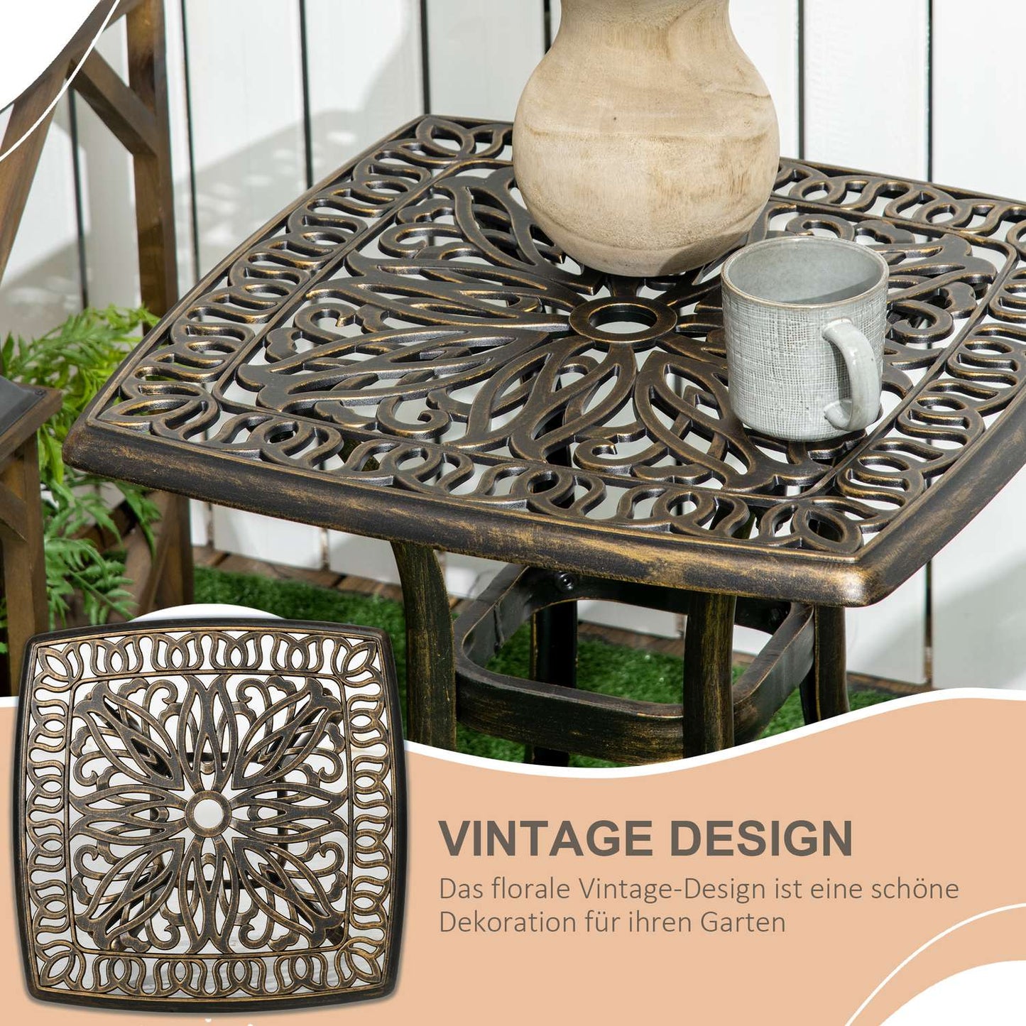 Patio side table with umbrella hole, aluminium, bronze