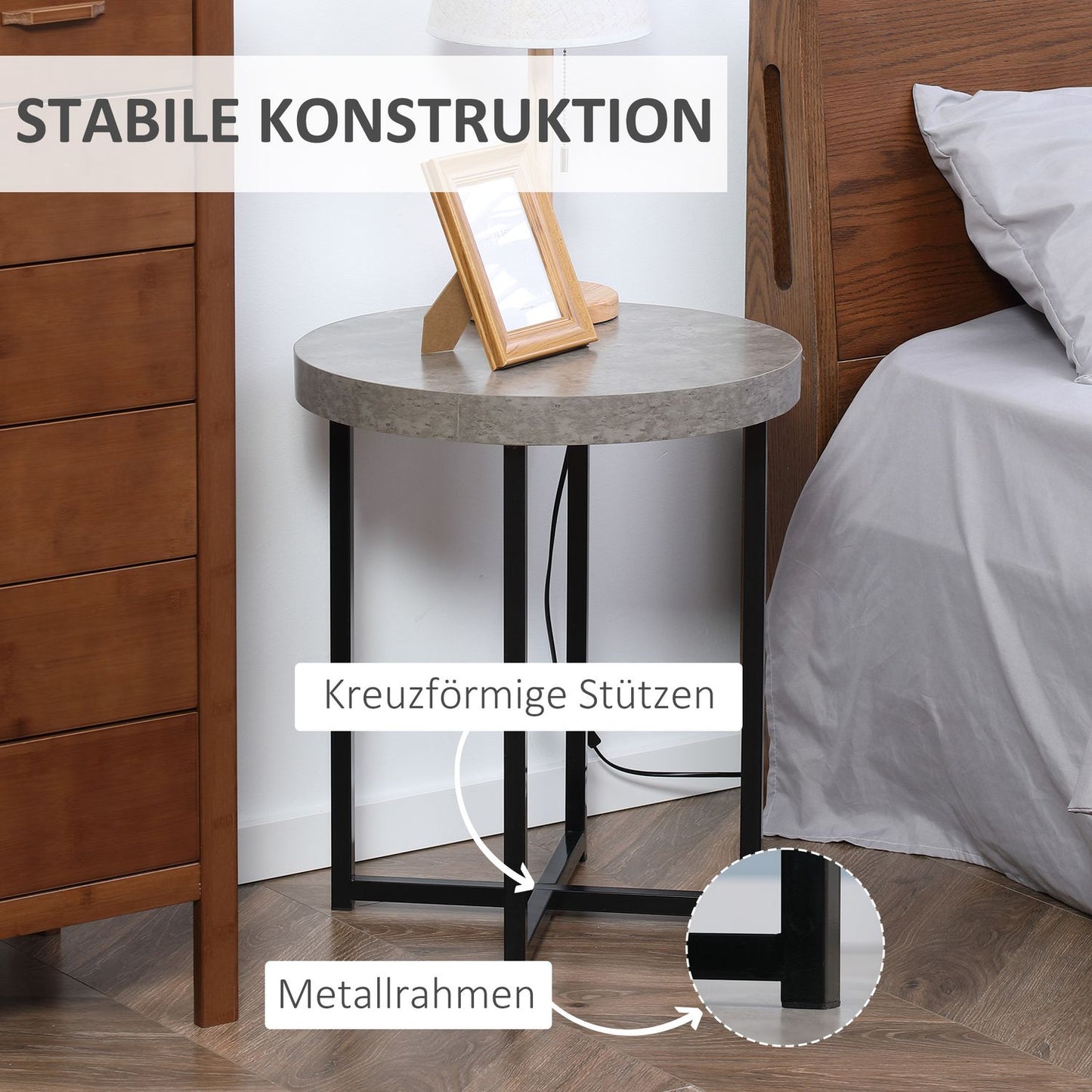 Round side table in concrete look with open shelf, gray MDF