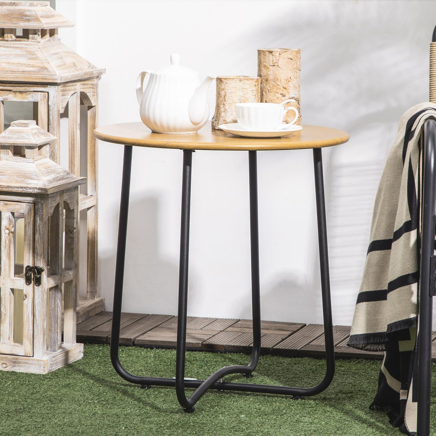 Round side table in wood look - steel plate, 48x48x51cm