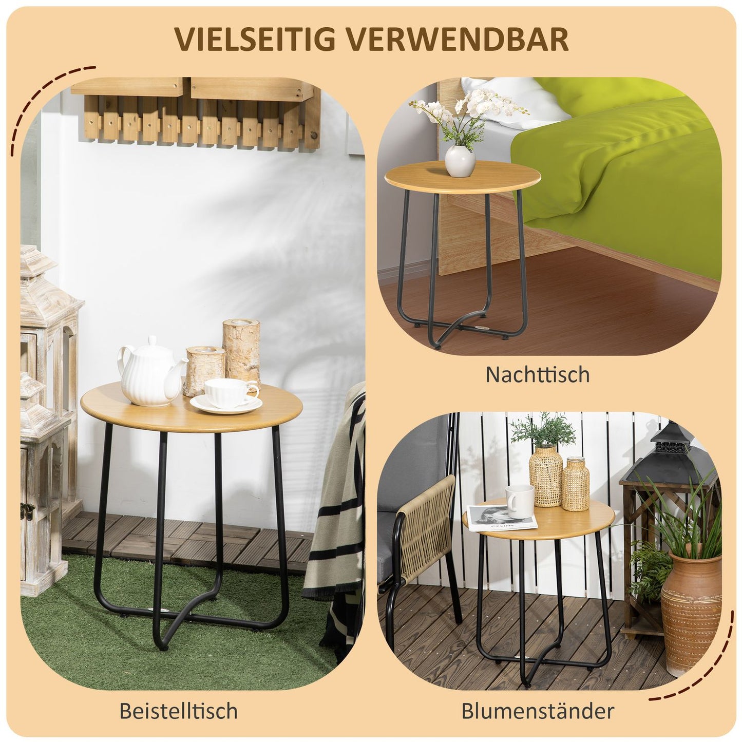 Round side table in wood look - steel plate, 48x48x51cm