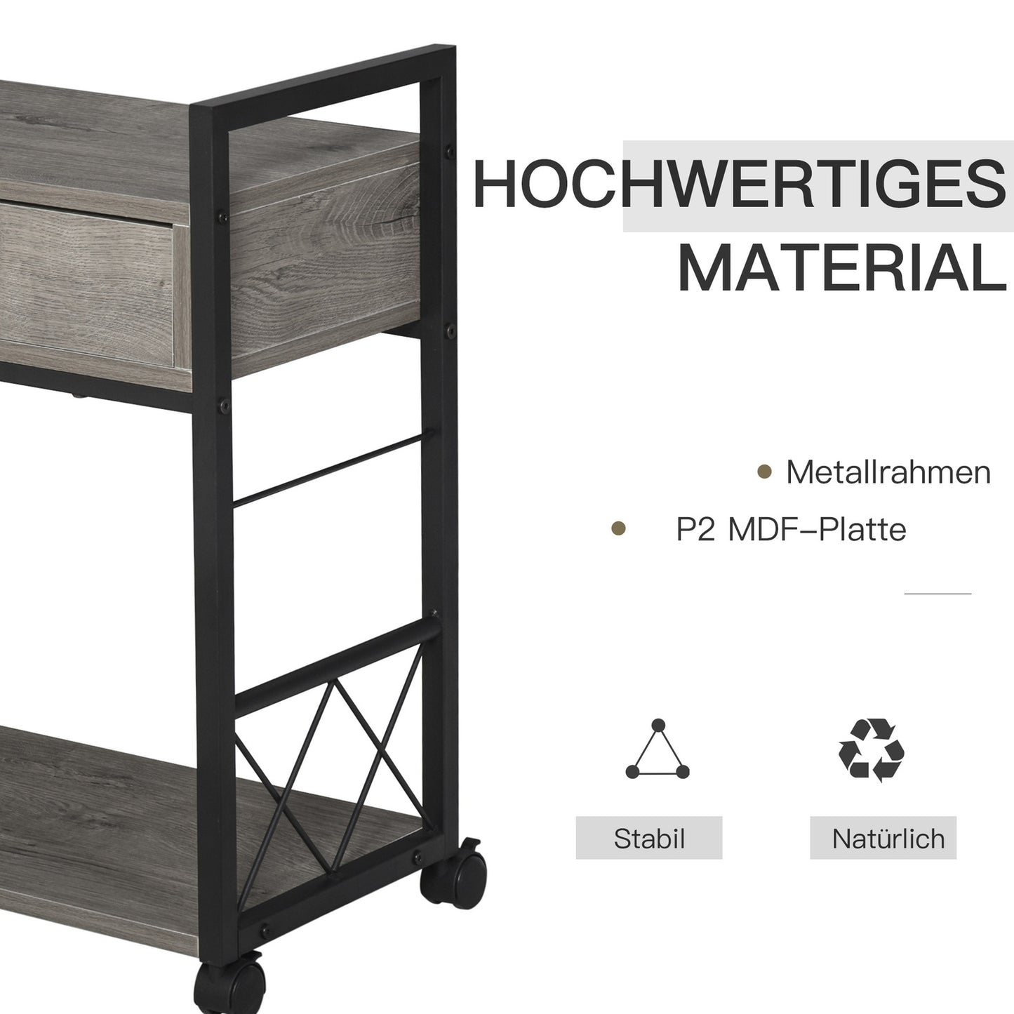Kitchen serving trolley with wheels, box & shelf, grey