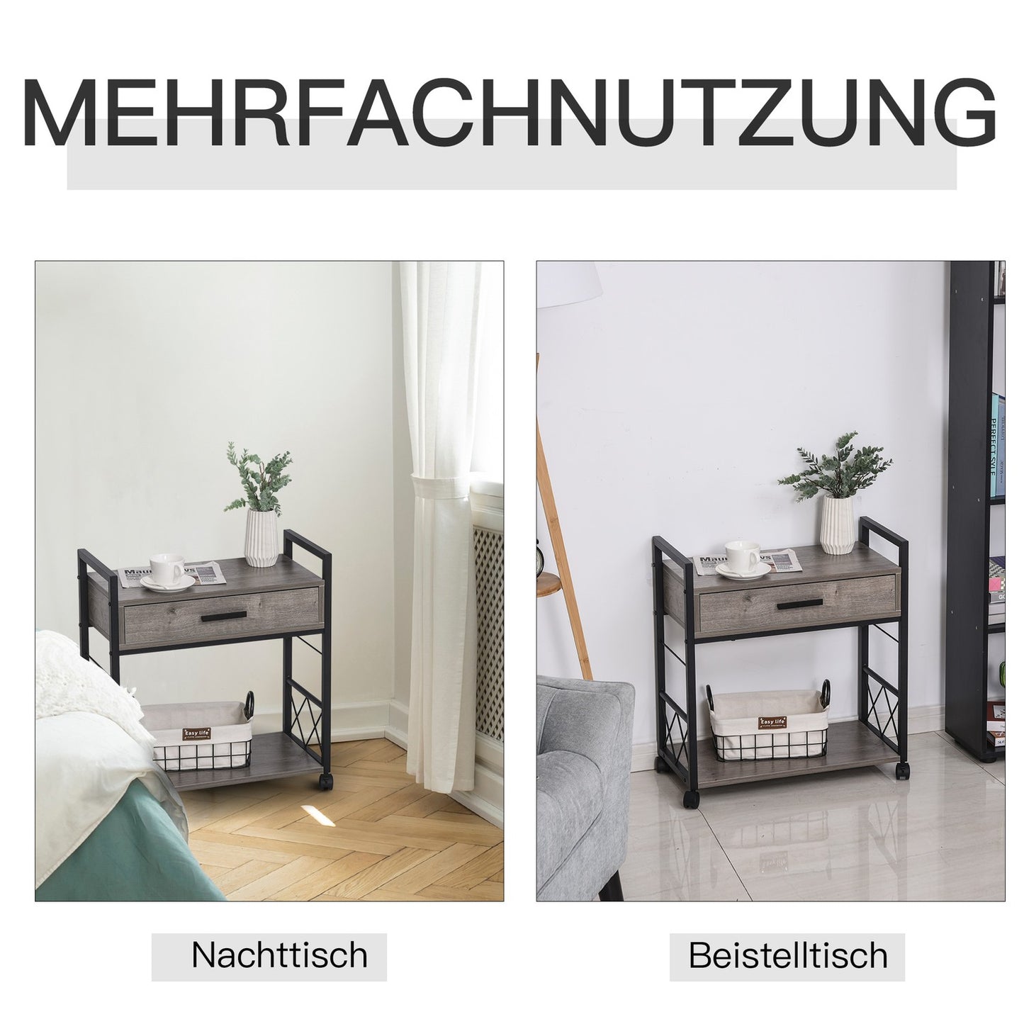 Kitchen serving trolley with wheels, box & shelf, grey