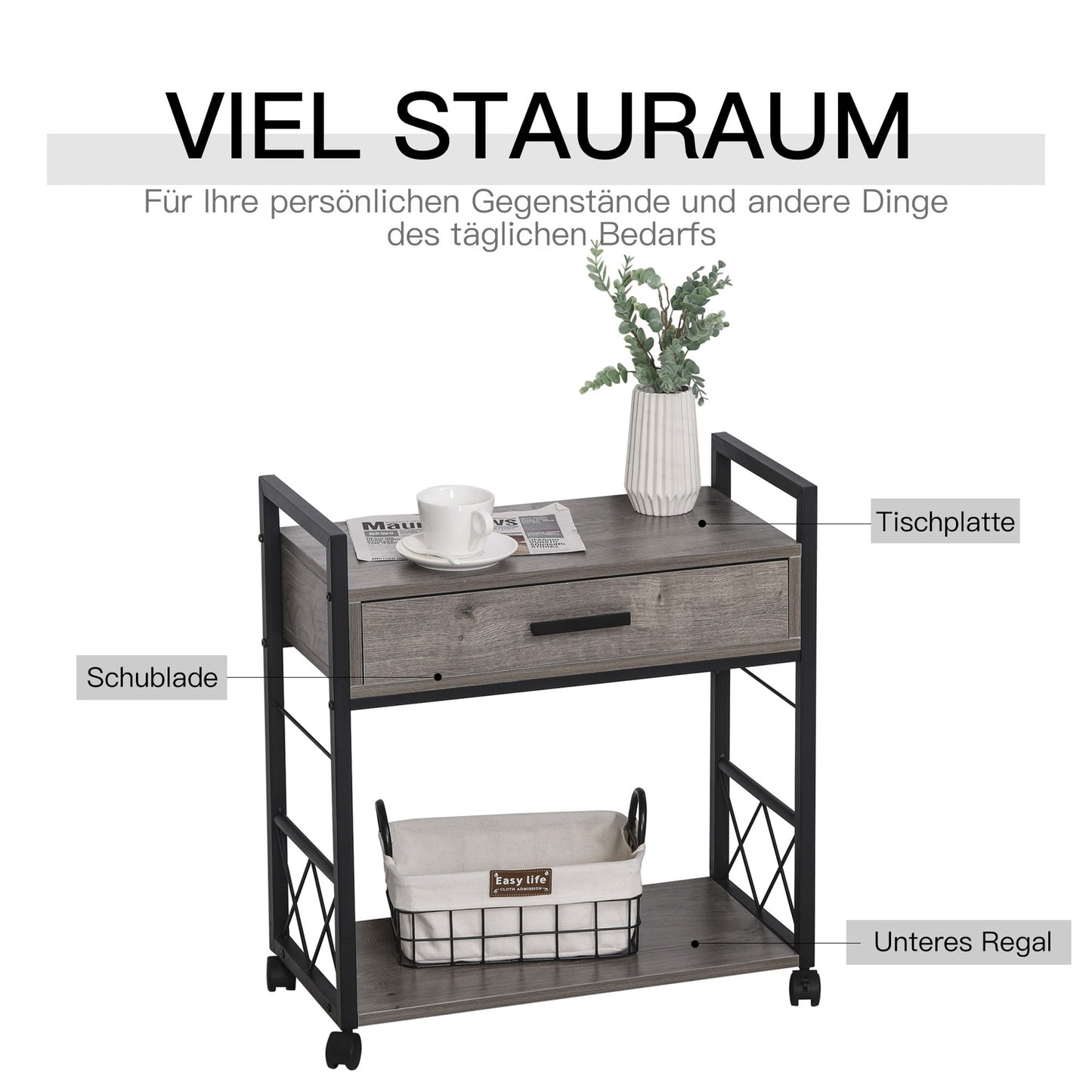 Kitchen serving trolley with wheels, box & shelf, grey