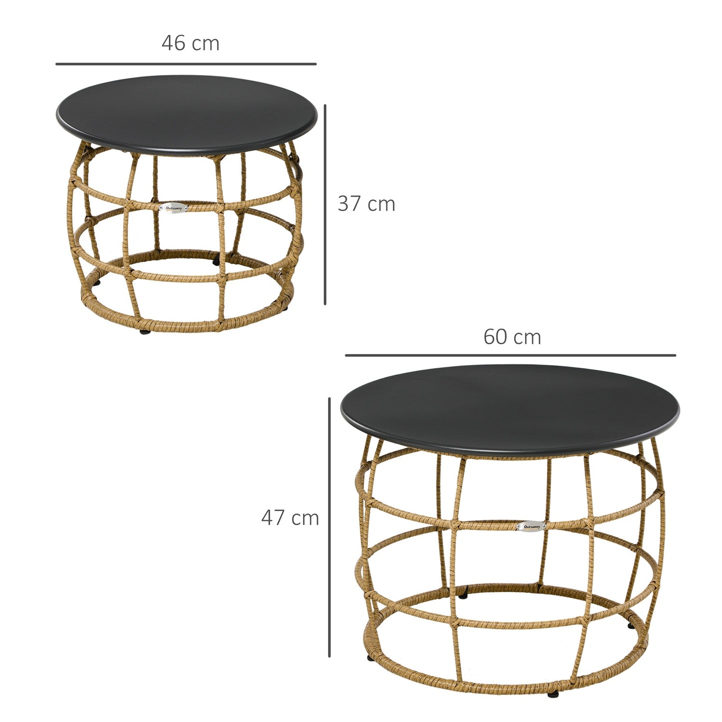 Set of 2 handwoven side tables, Ø46+Ø60 cm, sand finish
