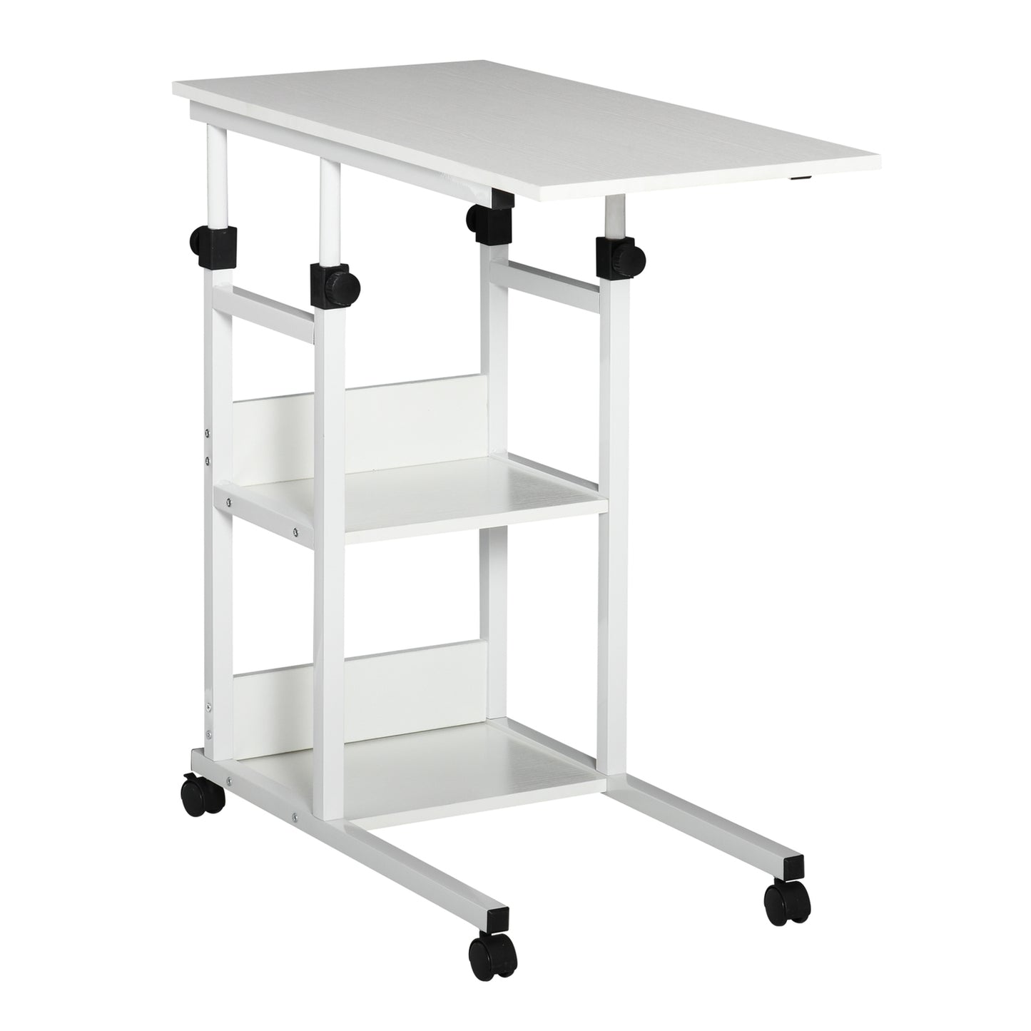 Height-adjustable side table with wheels, 2 shelves, white