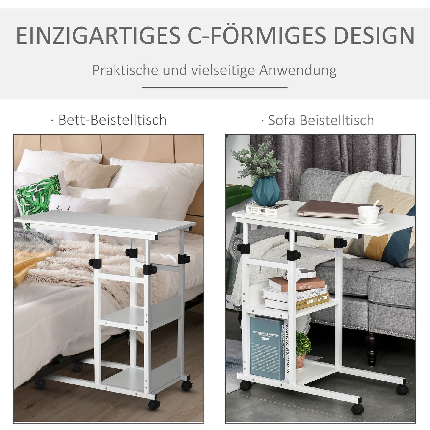 Height-adjustable side table with wheels, 2 shelves, white