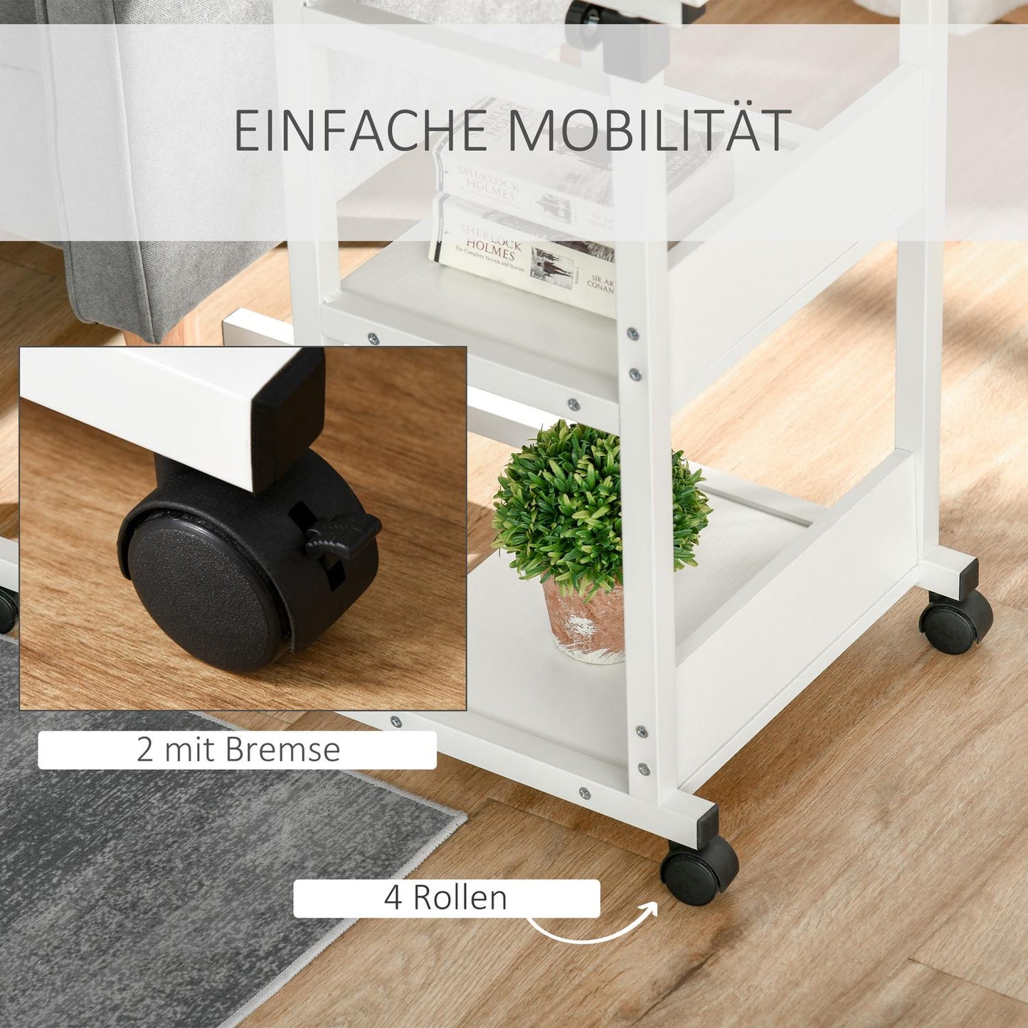 Height-adjustable side table with wheels, 2 shelves, white