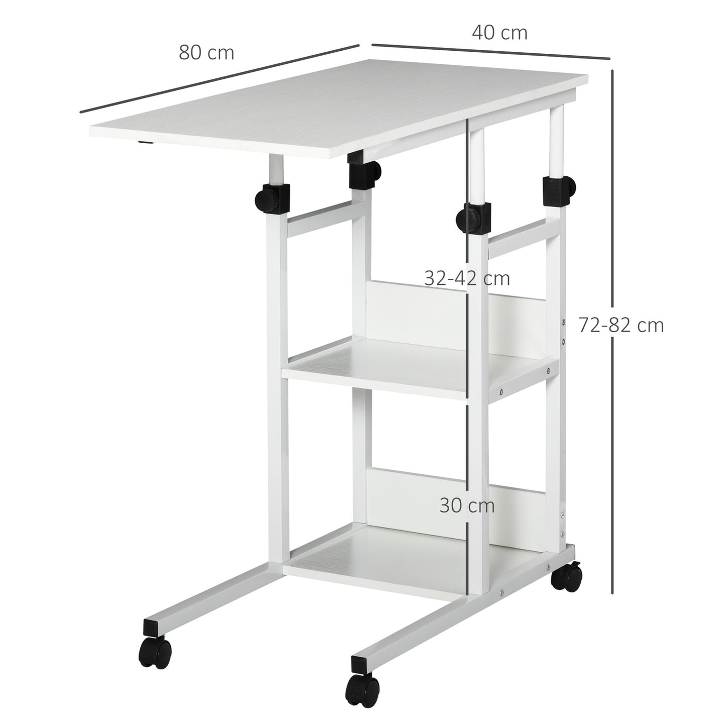 Height-adjustable side table with wheels, 2 shelves, white