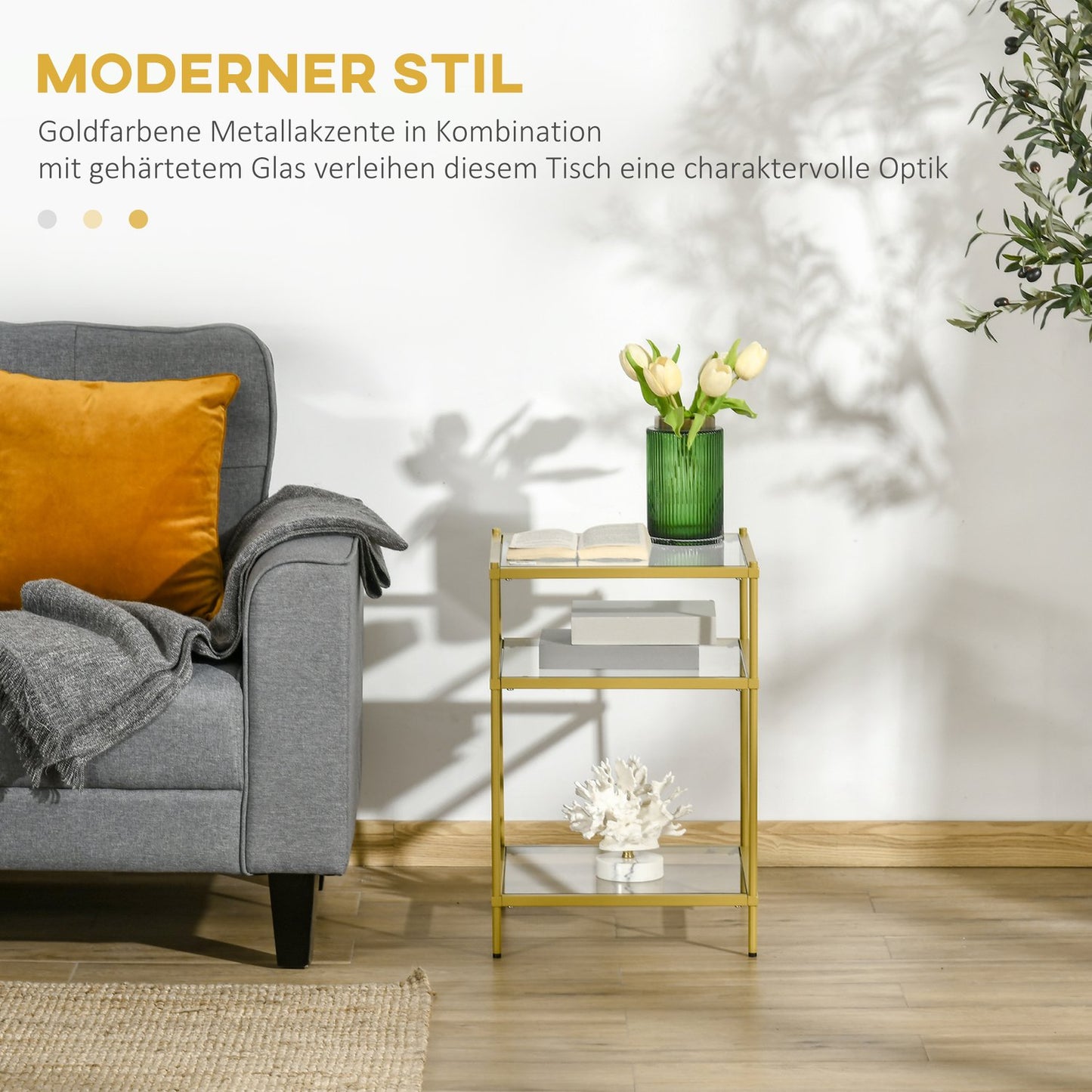 Glass side table with 3 shelves, Steel frame, Gold