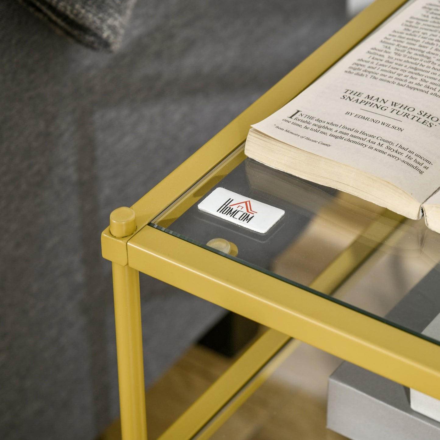 Glass side table with 3 shelves, Steel frame, Gold