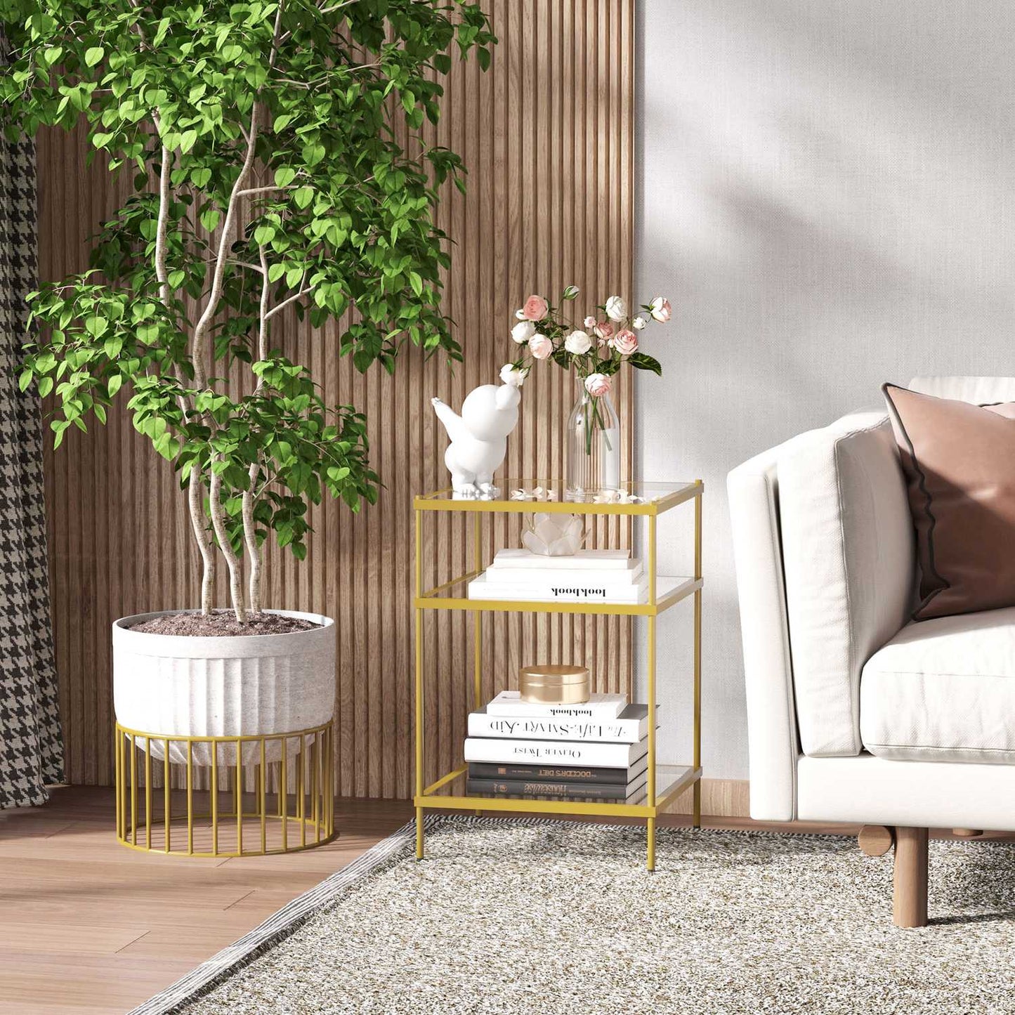 Glass side table with 3 shelves, Steel frame, Gold