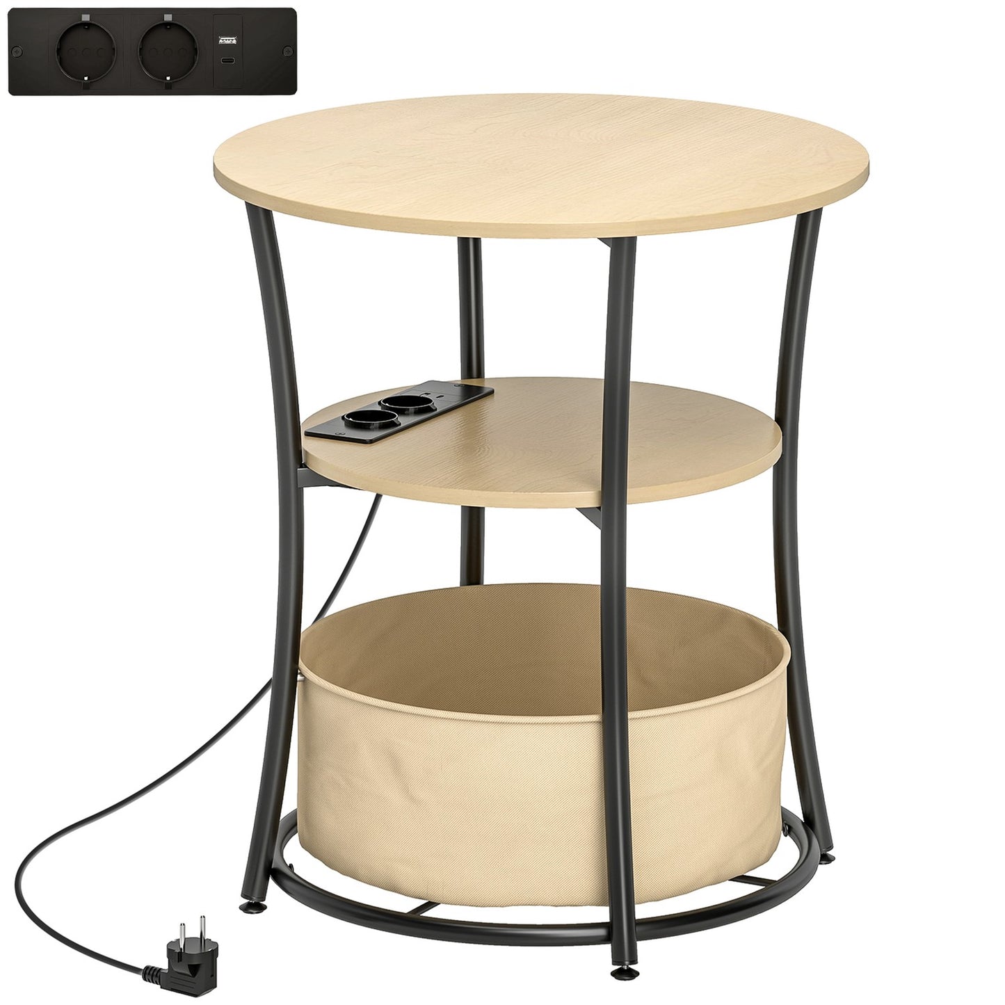 Side Table with Charging Station, 3-Tier Storage, Natural Wood