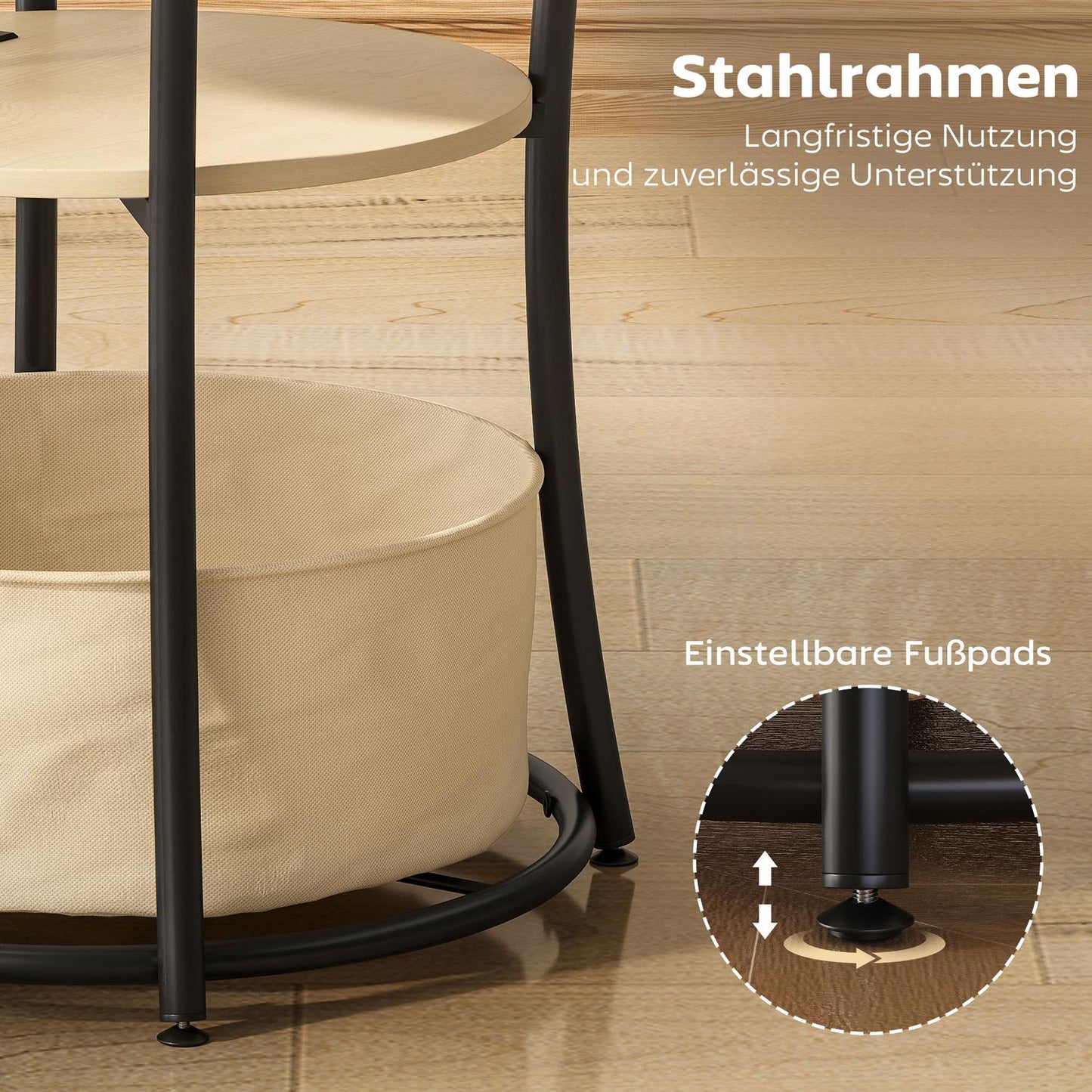 Side Table with Charging Station, 3-Tier Storage, Natural Wood