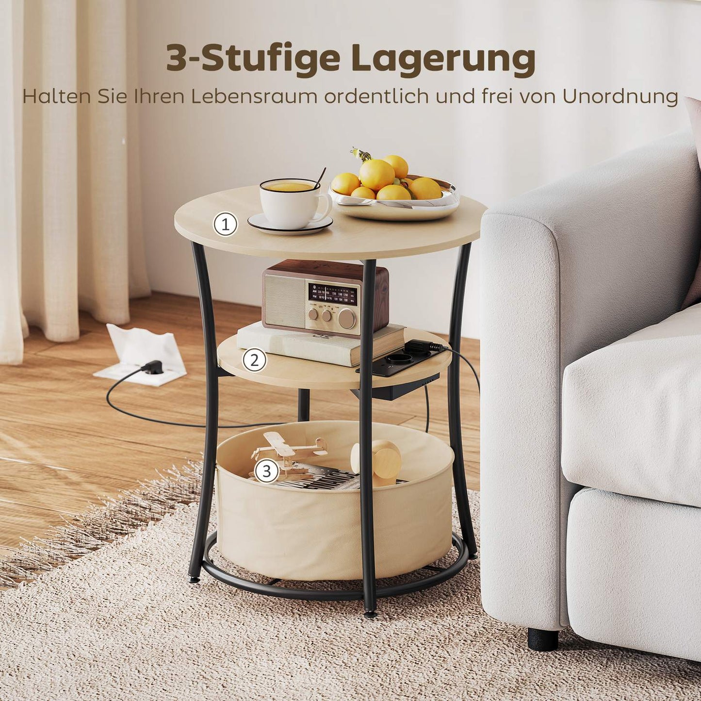 Side Table with Charging Station, 3-Tier Storage, Natural Wood