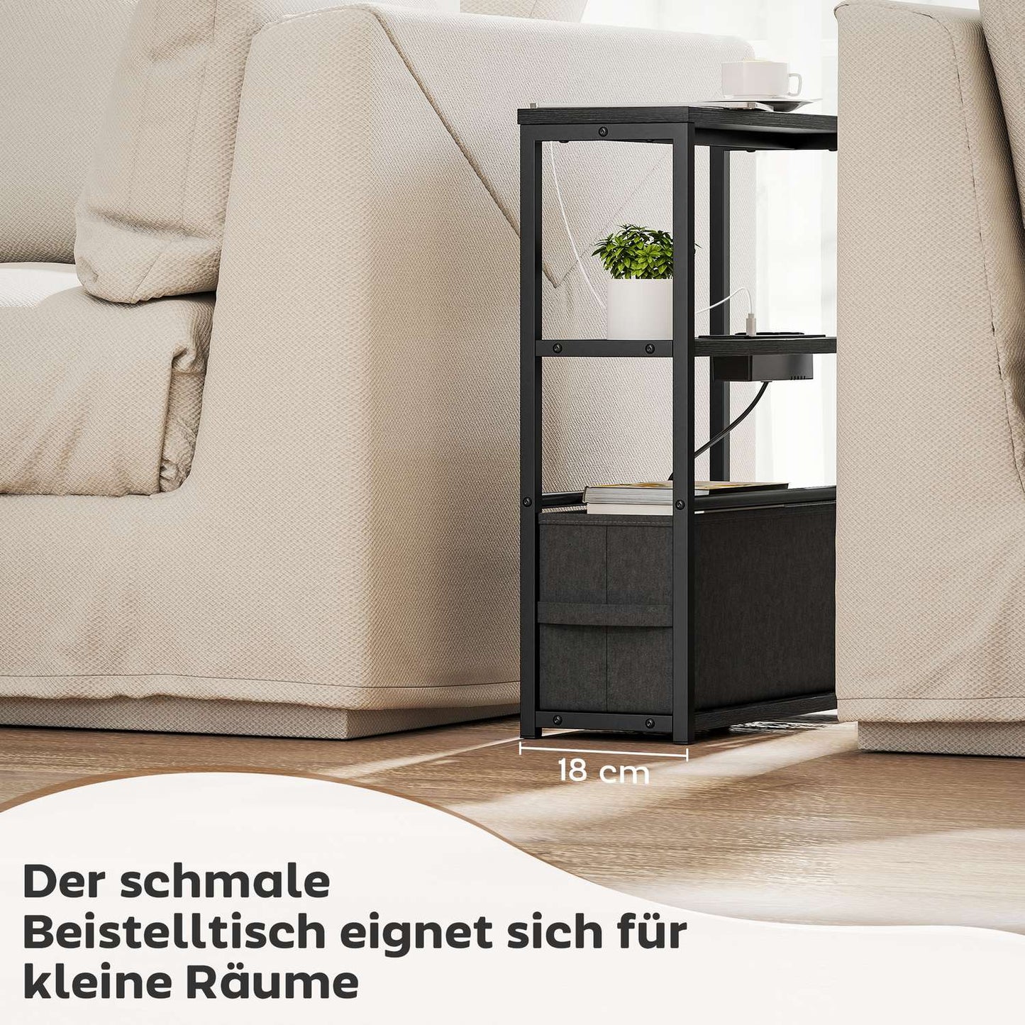Side Table with Charging Station, Black, 45x18x60cm
