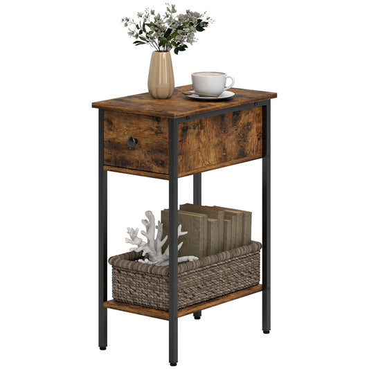 Side Table with Drawer and Open Shelf, Rustic Brown