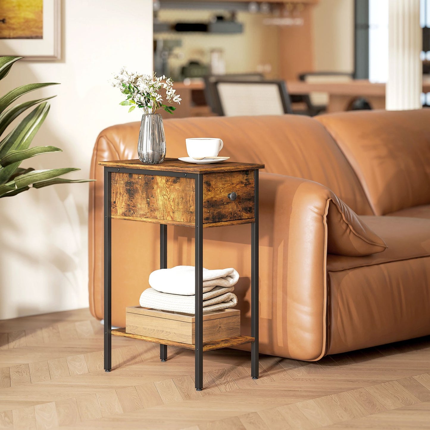 Side Table with Drawer and Open Shelf, Rustic Brown