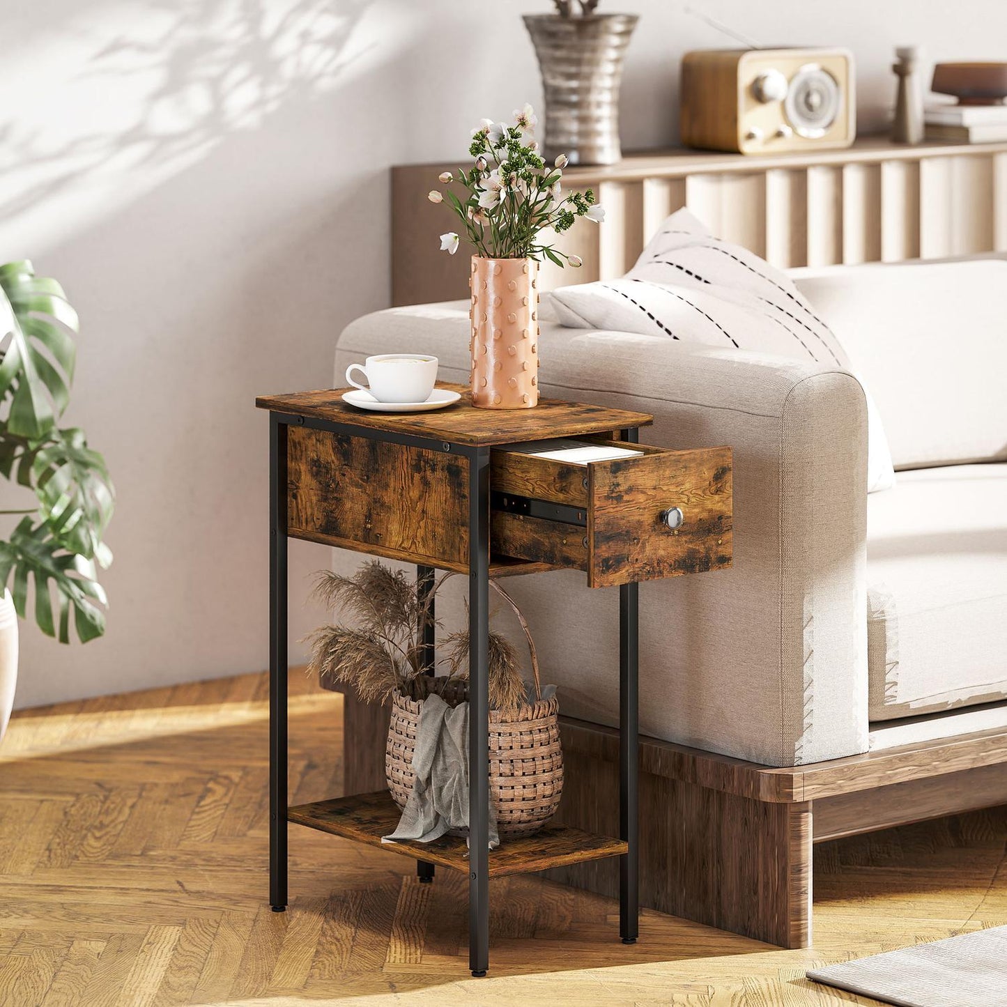 Side Table with Drawer and Open Shelf, Rustic Brown
