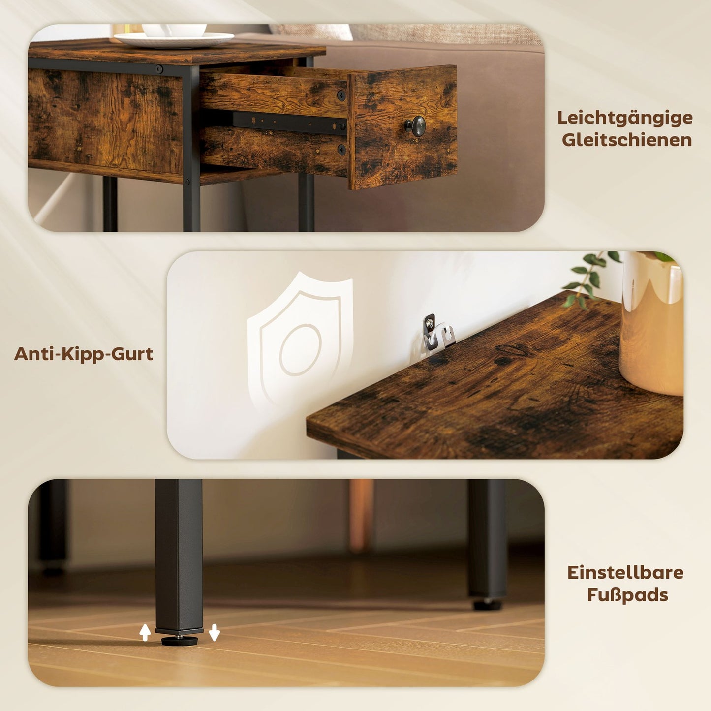Side Table with Drawer and Open Shelf, Rustic Brown