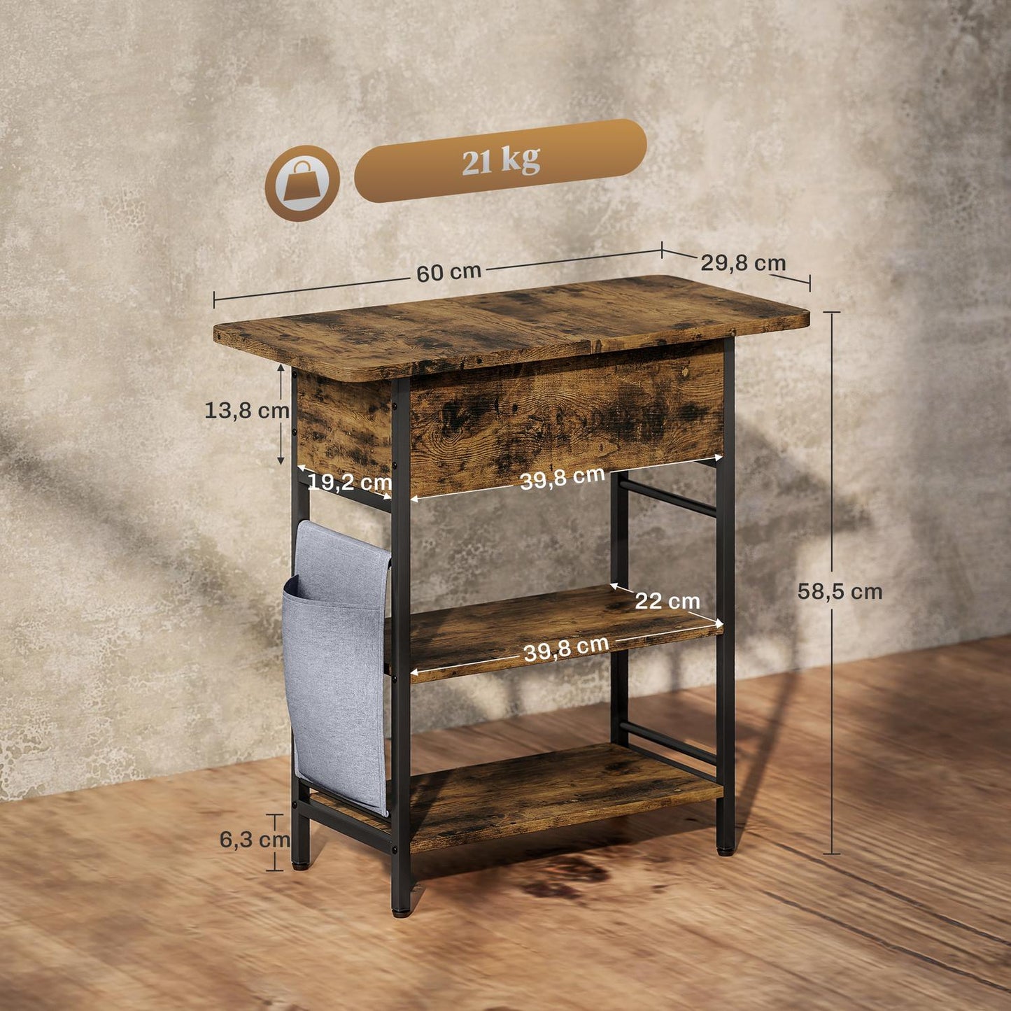 Side Table with Power Strip, USB Ports, 2-Tier Storage, Rustic Brown