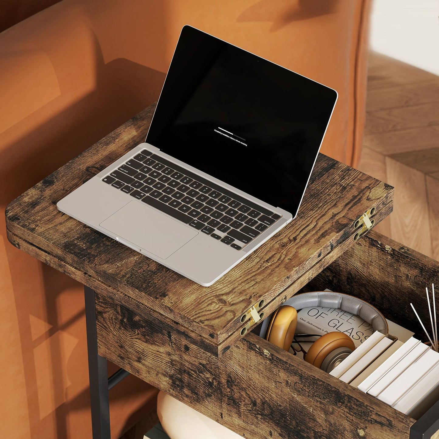 Side Table with Power Strip, USB Ports, 2-Tier Storage, Rustic Brown