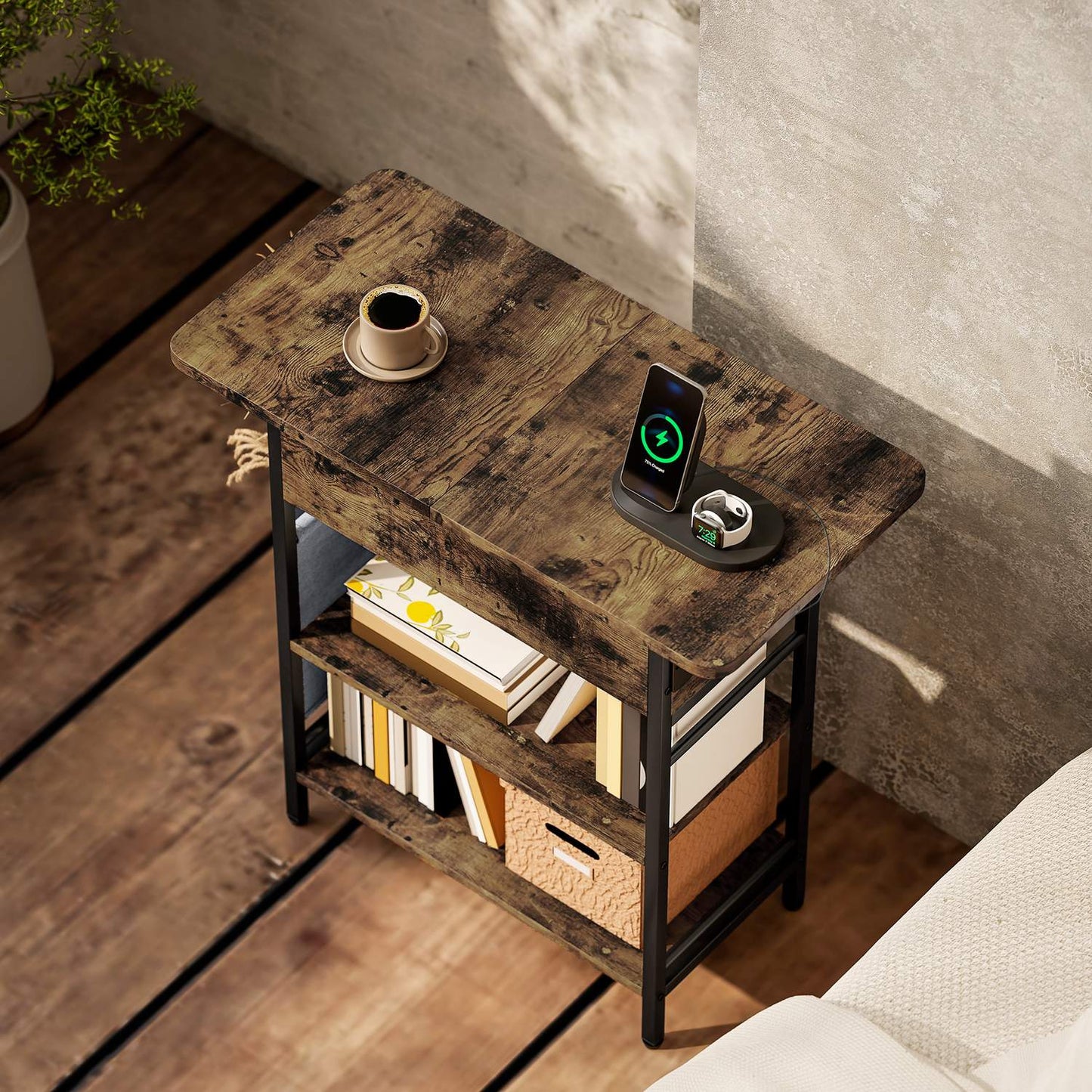 Side Table with Power Strip, USB Ports, 2-Tier Storage, Rustic Brown