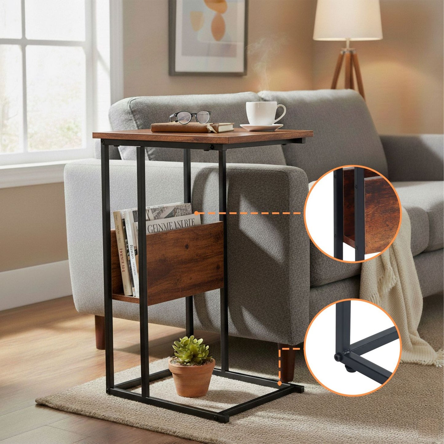 Side Table with Shelf and Compartment – Wood & Metal