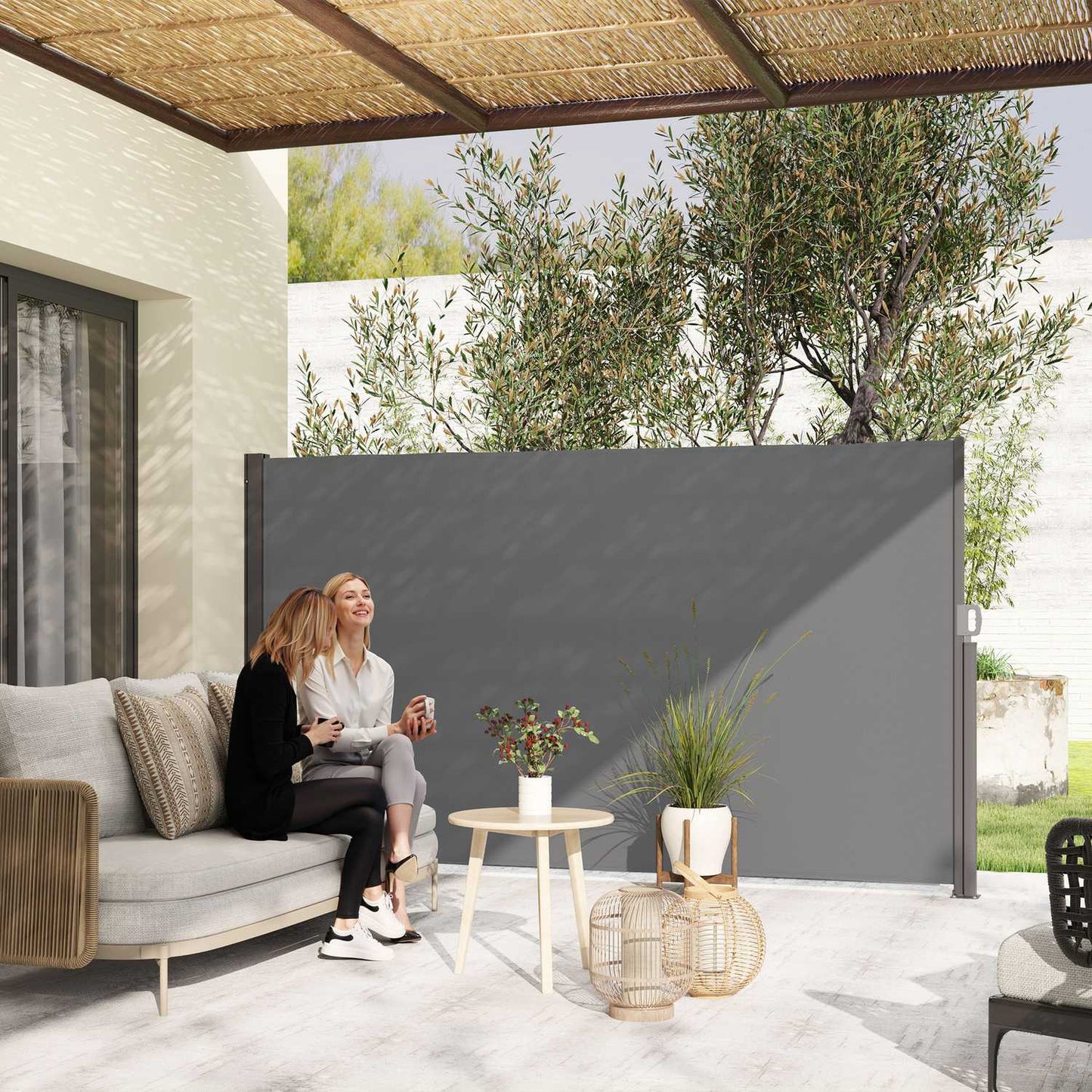Outdoor Privacy Screen, retractable awning, dark grey, 300x180 cm