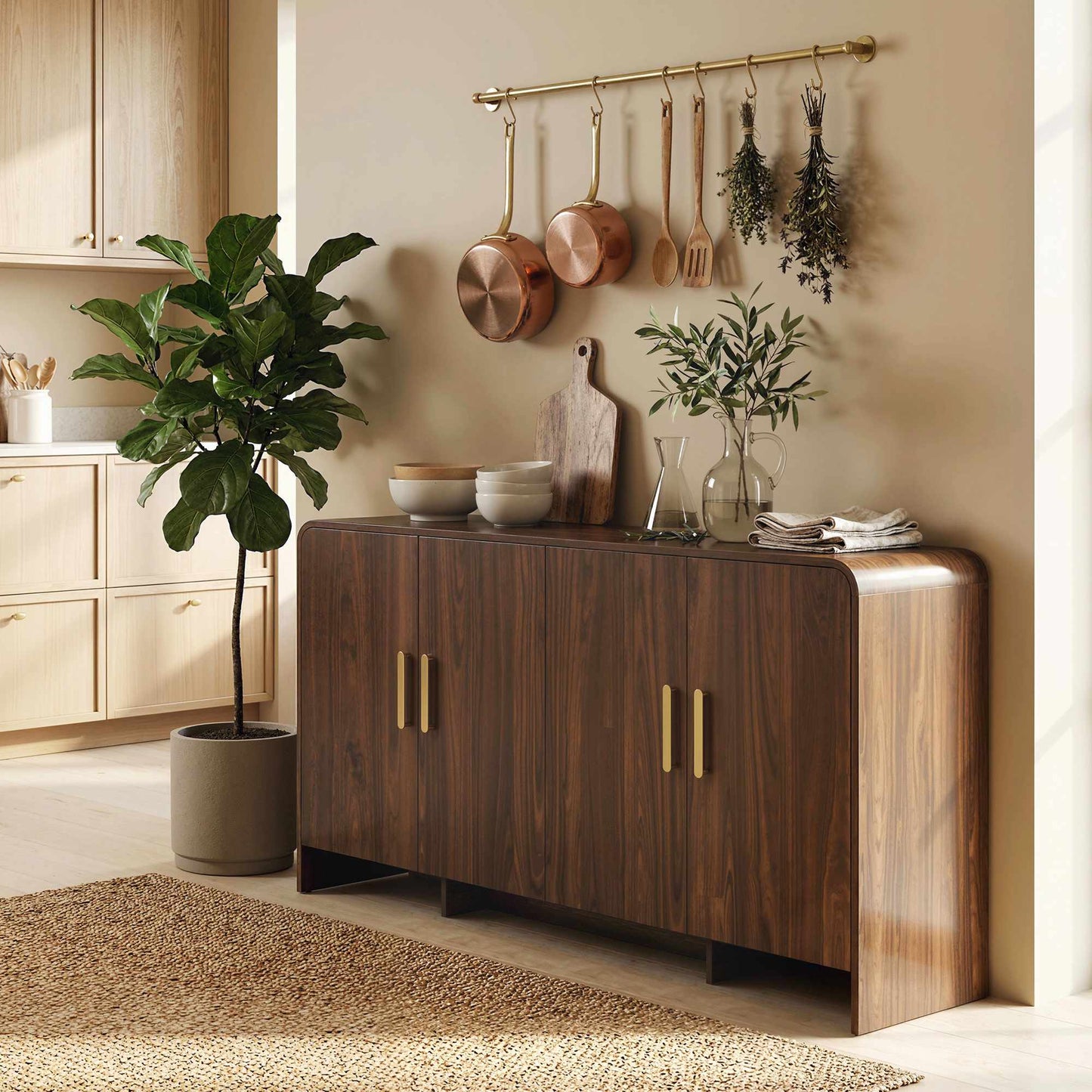 Sideboard Buffet 152 cm, Soft-Close Doors, Walnut Finish