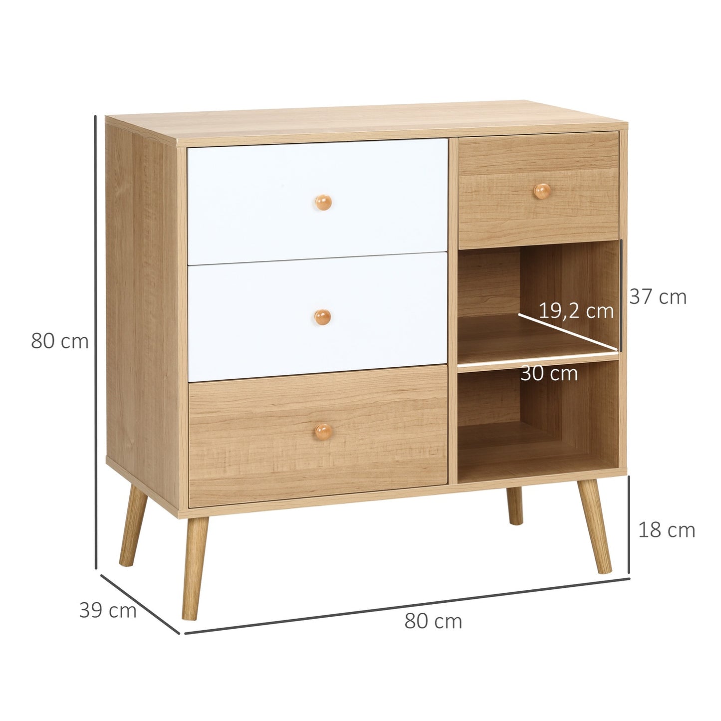 Scandinavian sideboard with 4 drawers, 2 shelves, natural wood