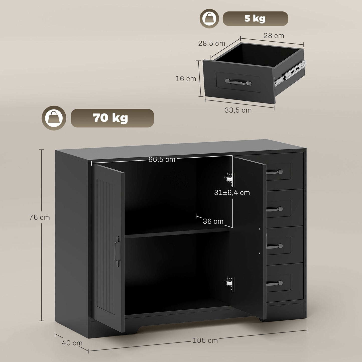 Sideboard, Modern Style, 4 Drawers, 1 Cabinet, Black