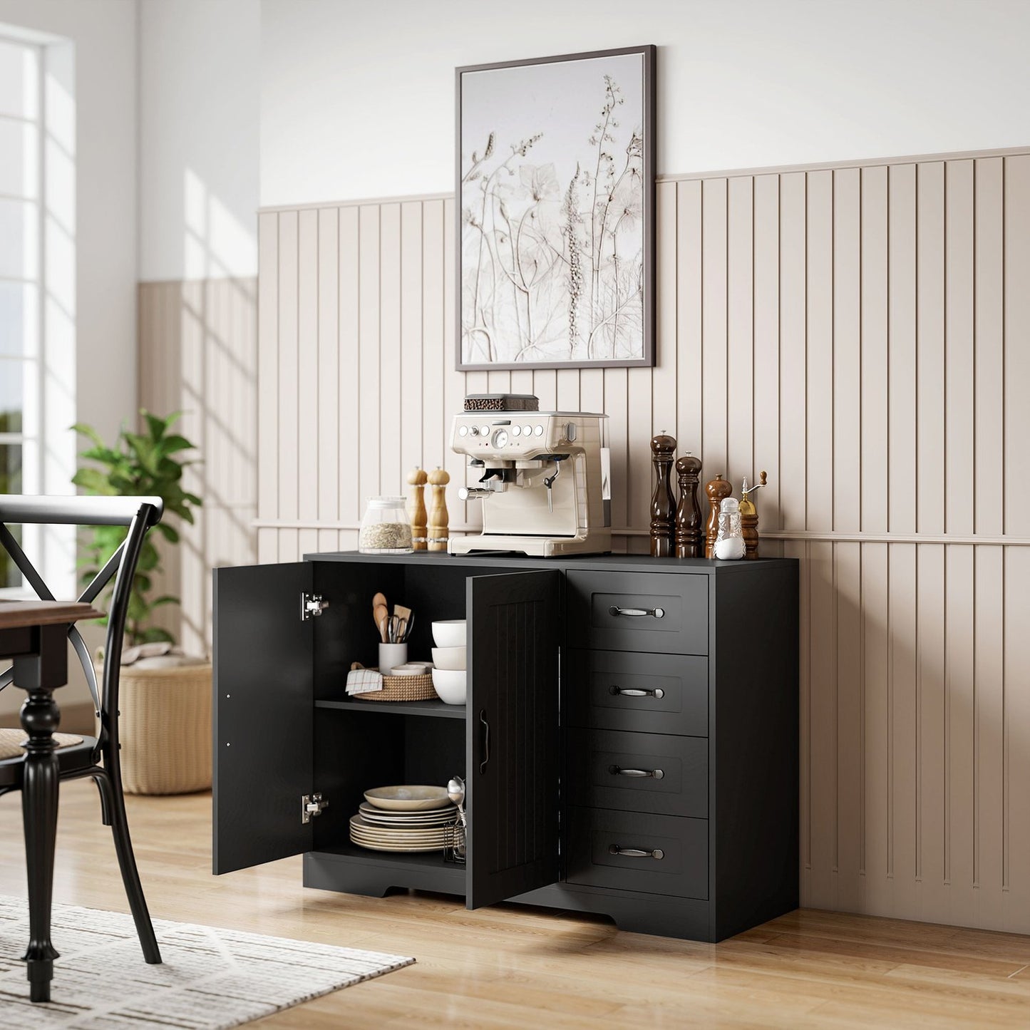 Sideboard, Modern Style, 4 Drawers, 1 Cabinet, Black