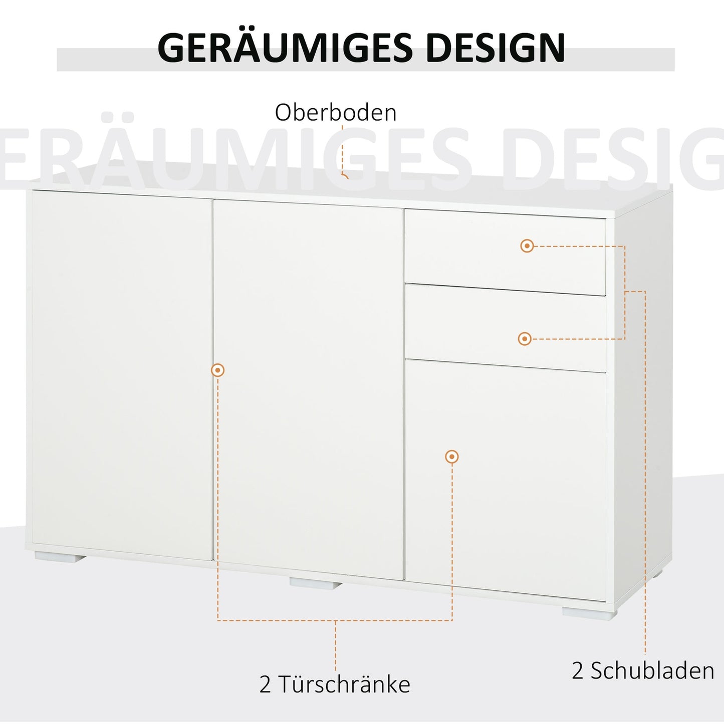 White sideboard chest of drawers with 2 drawers & 3 doors
