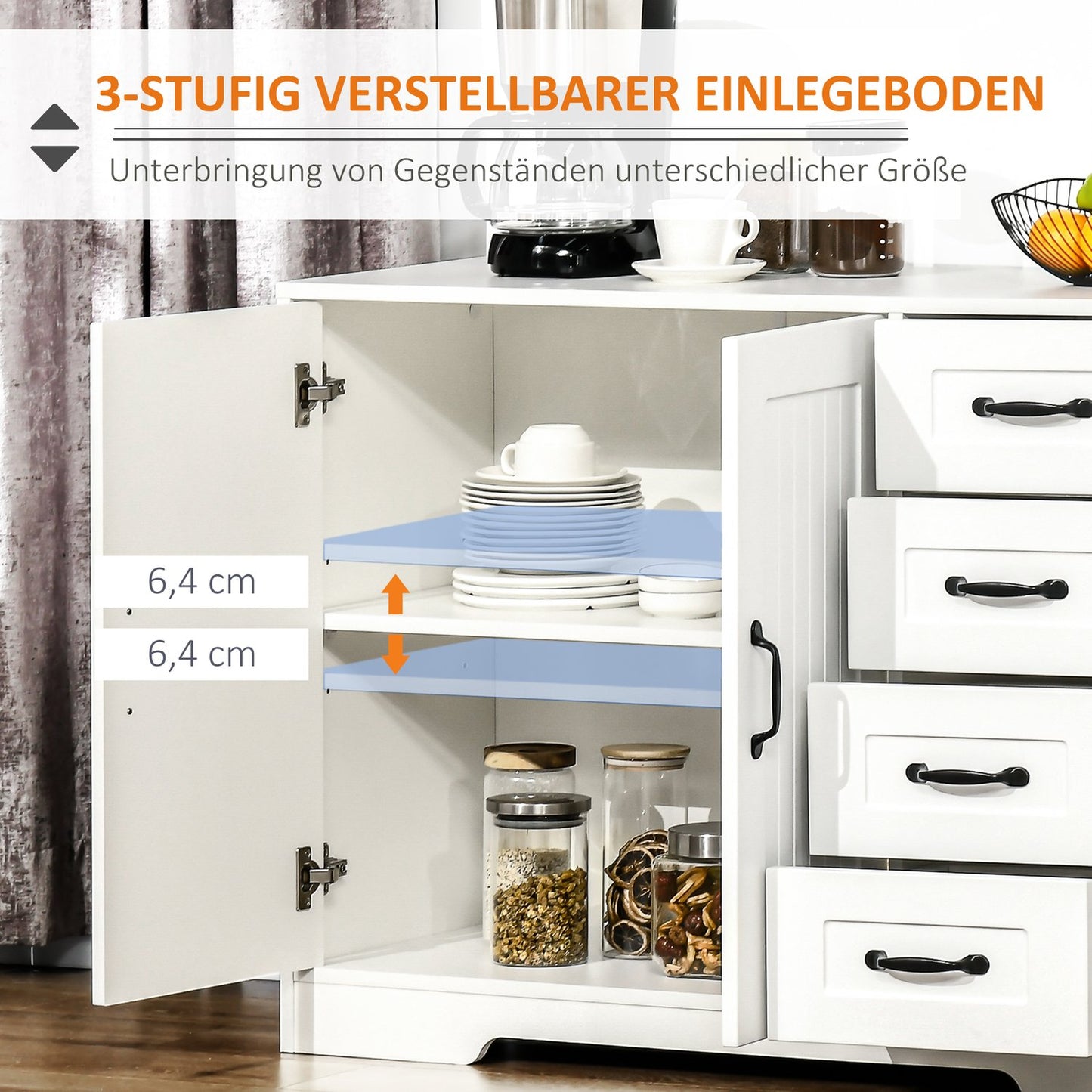 White sideboard - 4 drawers & adjustable shelf