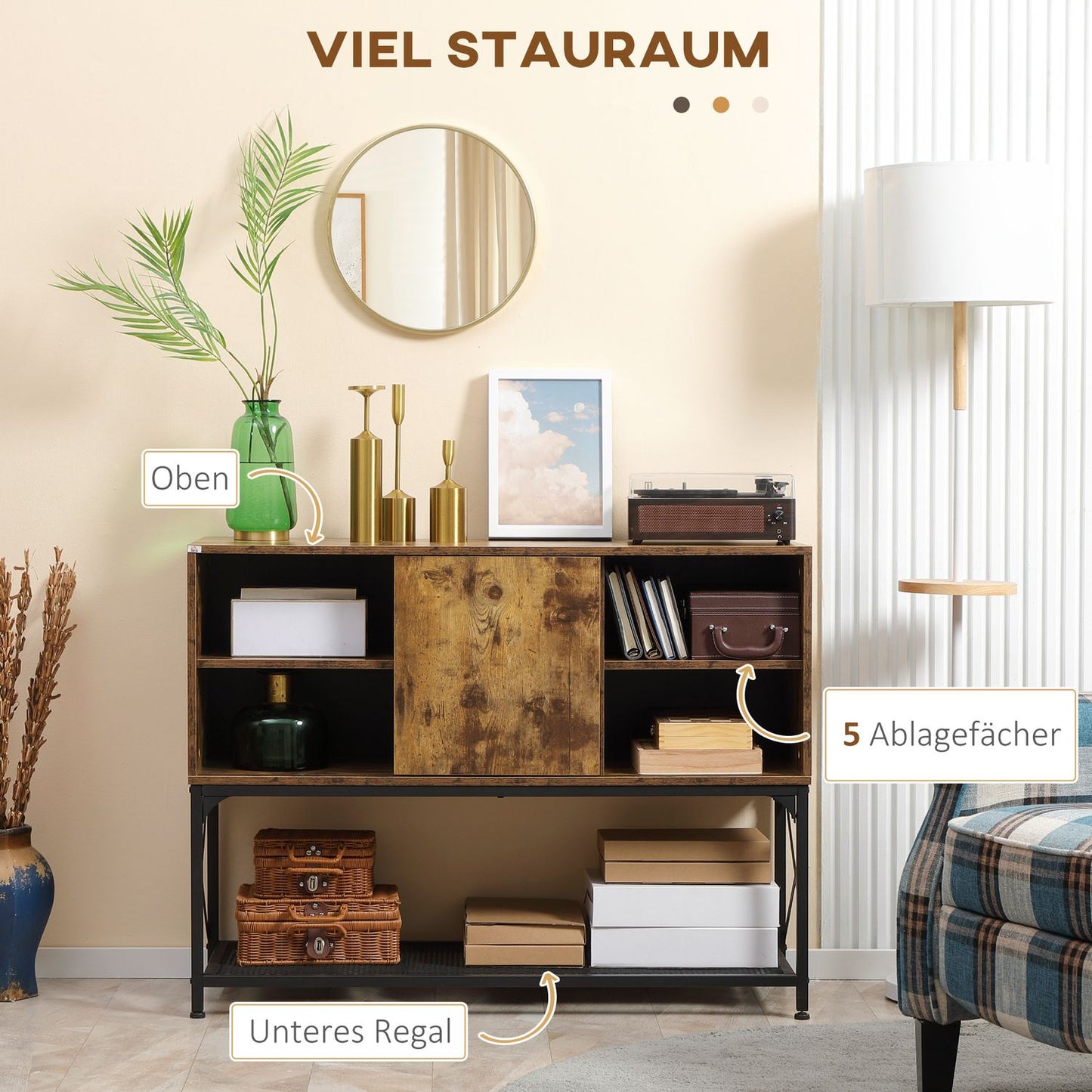 Rustic brown sideboard, 6 shelves, industrial design