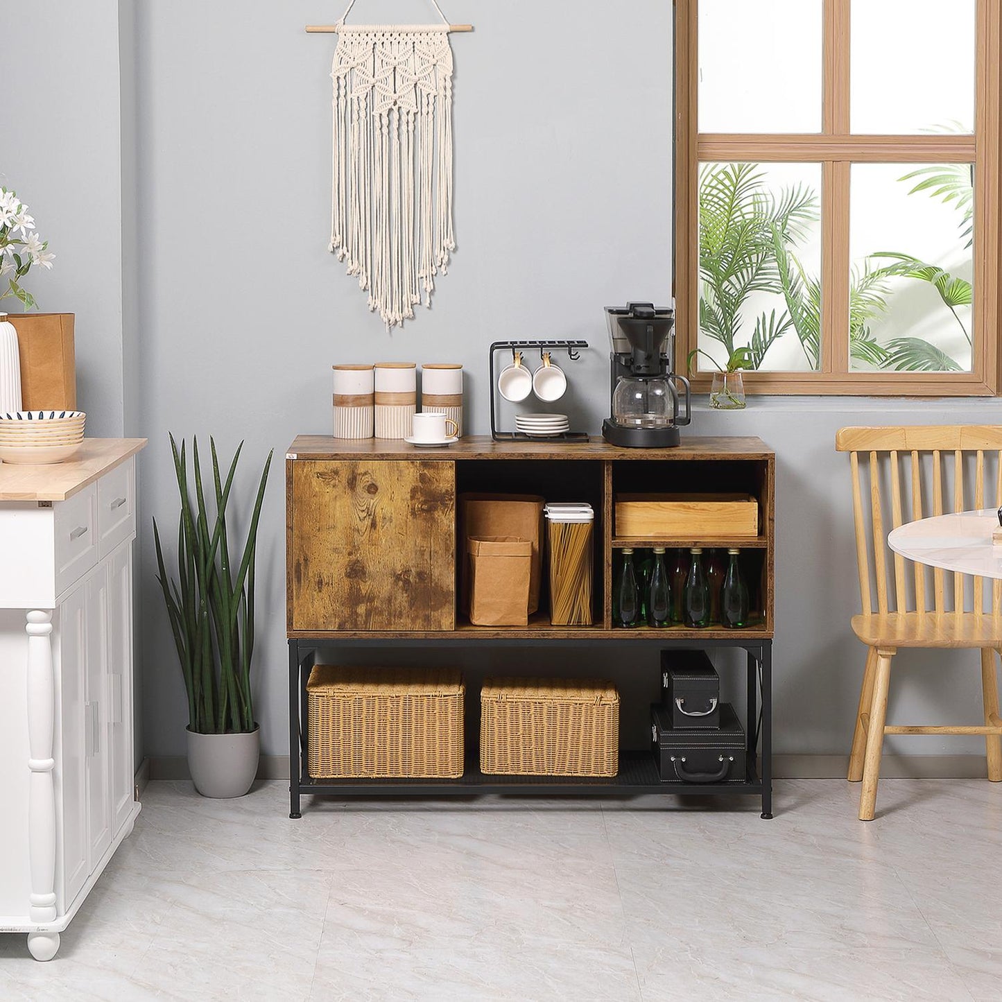 Rustic brown sideboard, 6 shelves, industrial design
