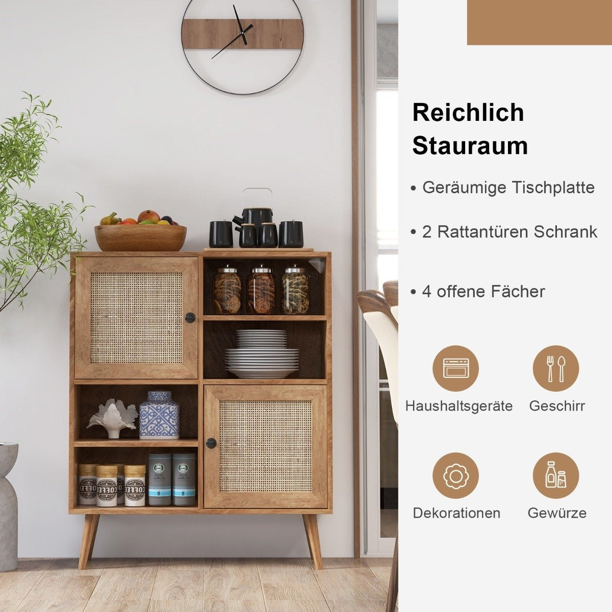 Sideboard cabinet made of wood, chest of drawers with 4 compartments and 2 doors, rattan sideboard cabinet