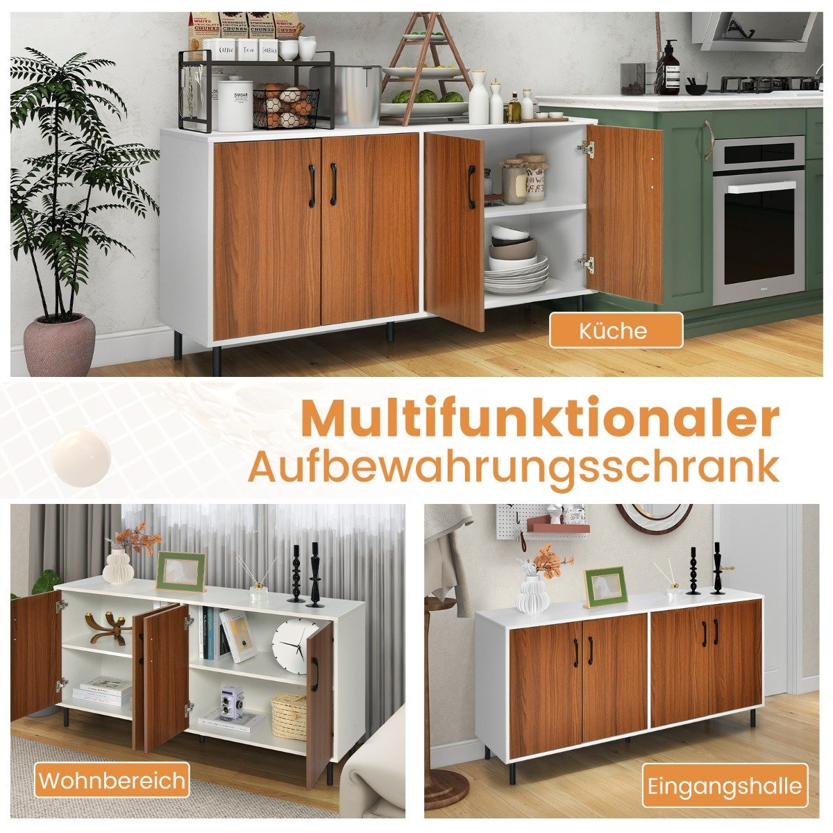 Sideboard chest of drawers with 4 doors sideboard cabinet wood 148 x 40 x 75.5 cm walnut