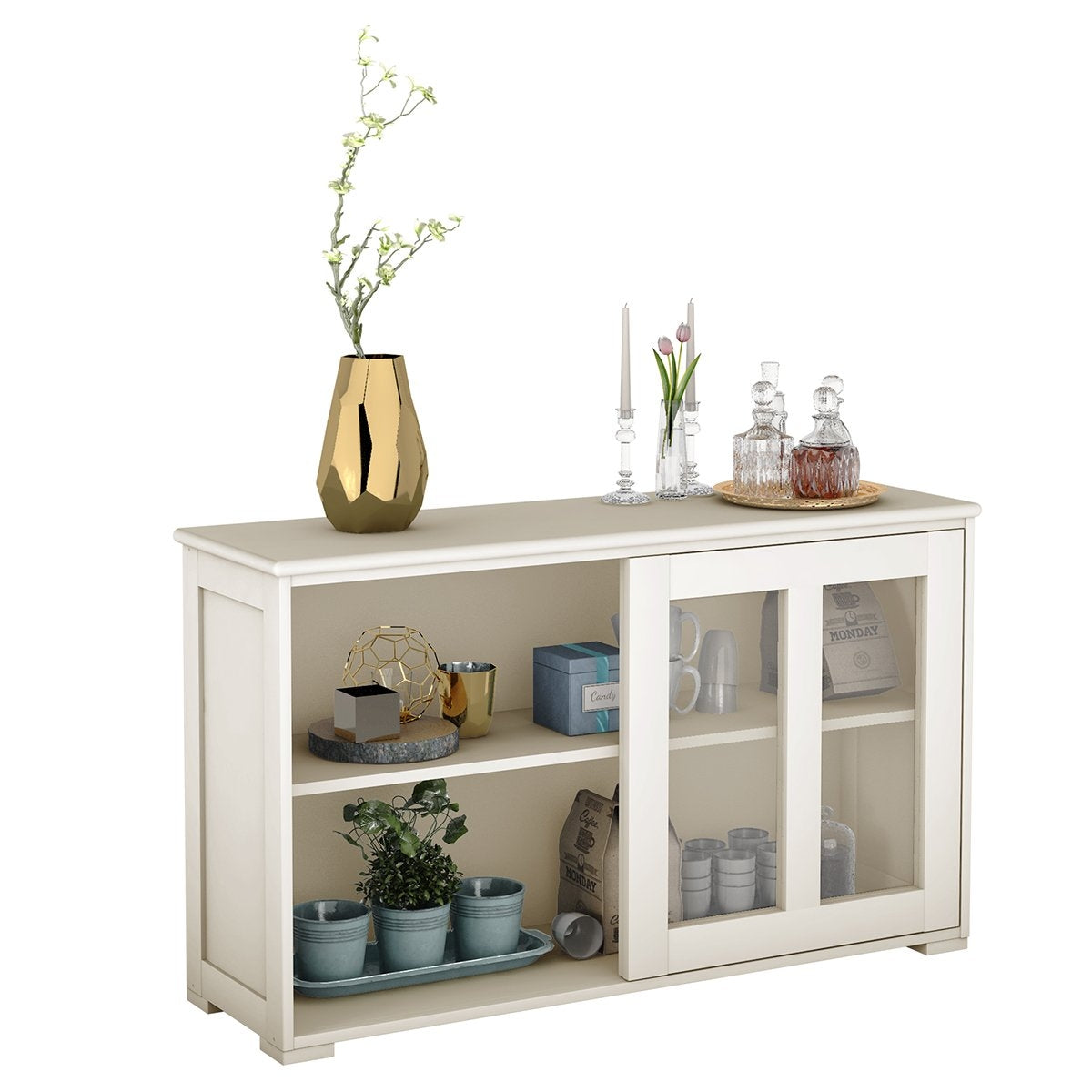Sideboard kitchen cabinet living room rule with sliding doors cream white 106.5 x 33 x 62.5 cm