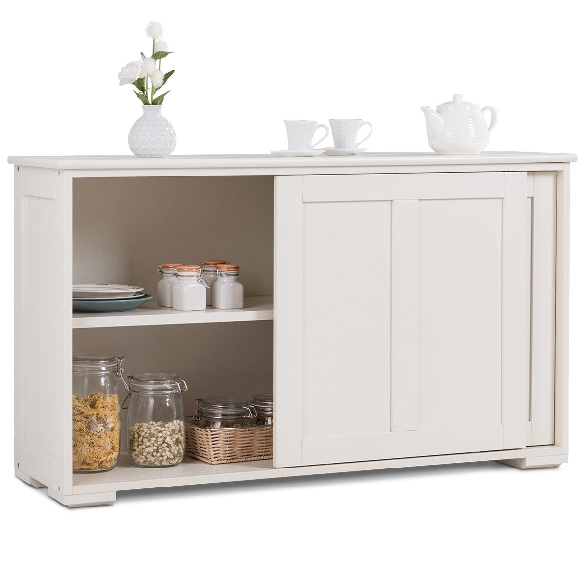 Sideboard kitchen cabinet side cabinet with sliding doors white/brown 106.5 x 33 x 60 cm-Beige