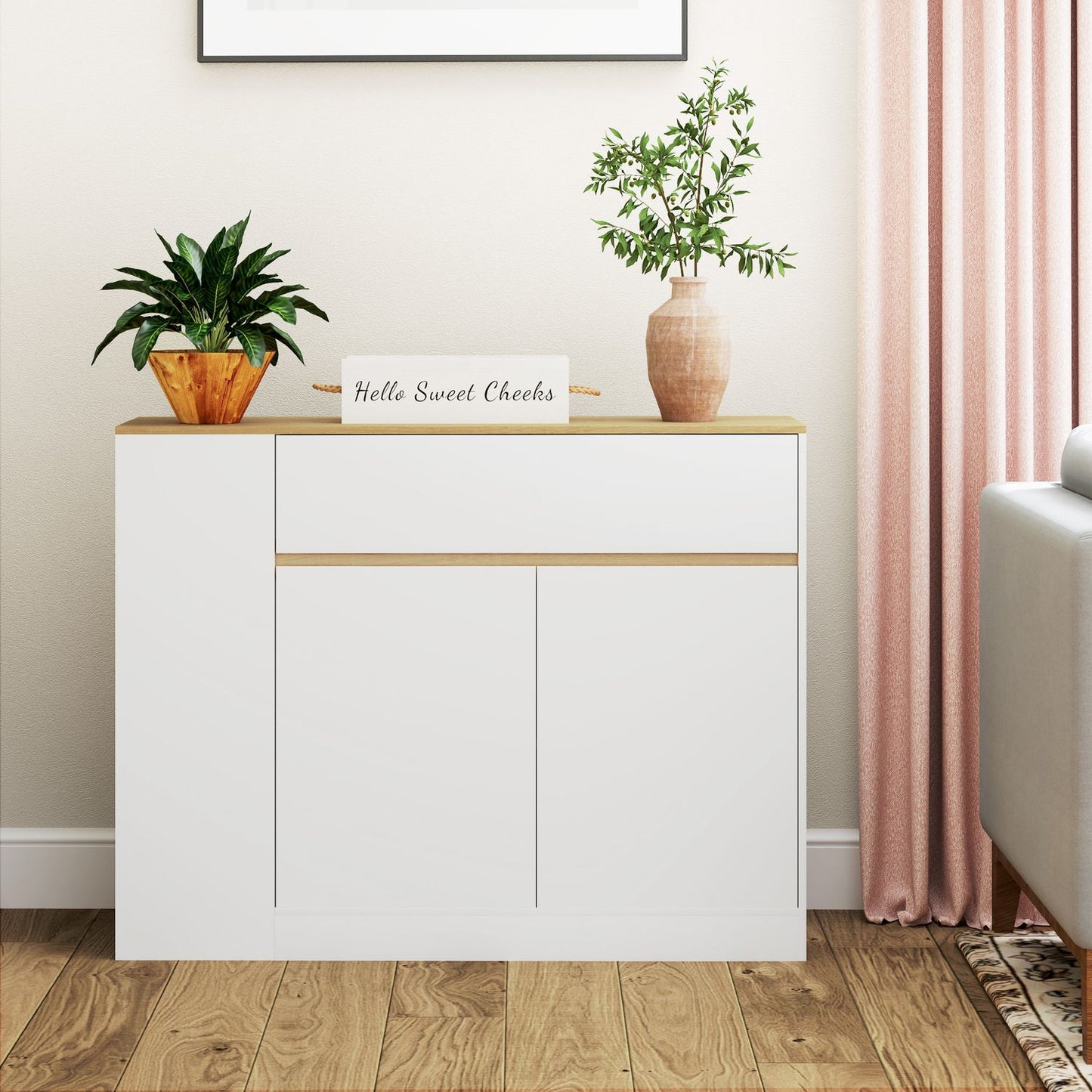 White kitchen cabinet with drawer and adjustable shelf